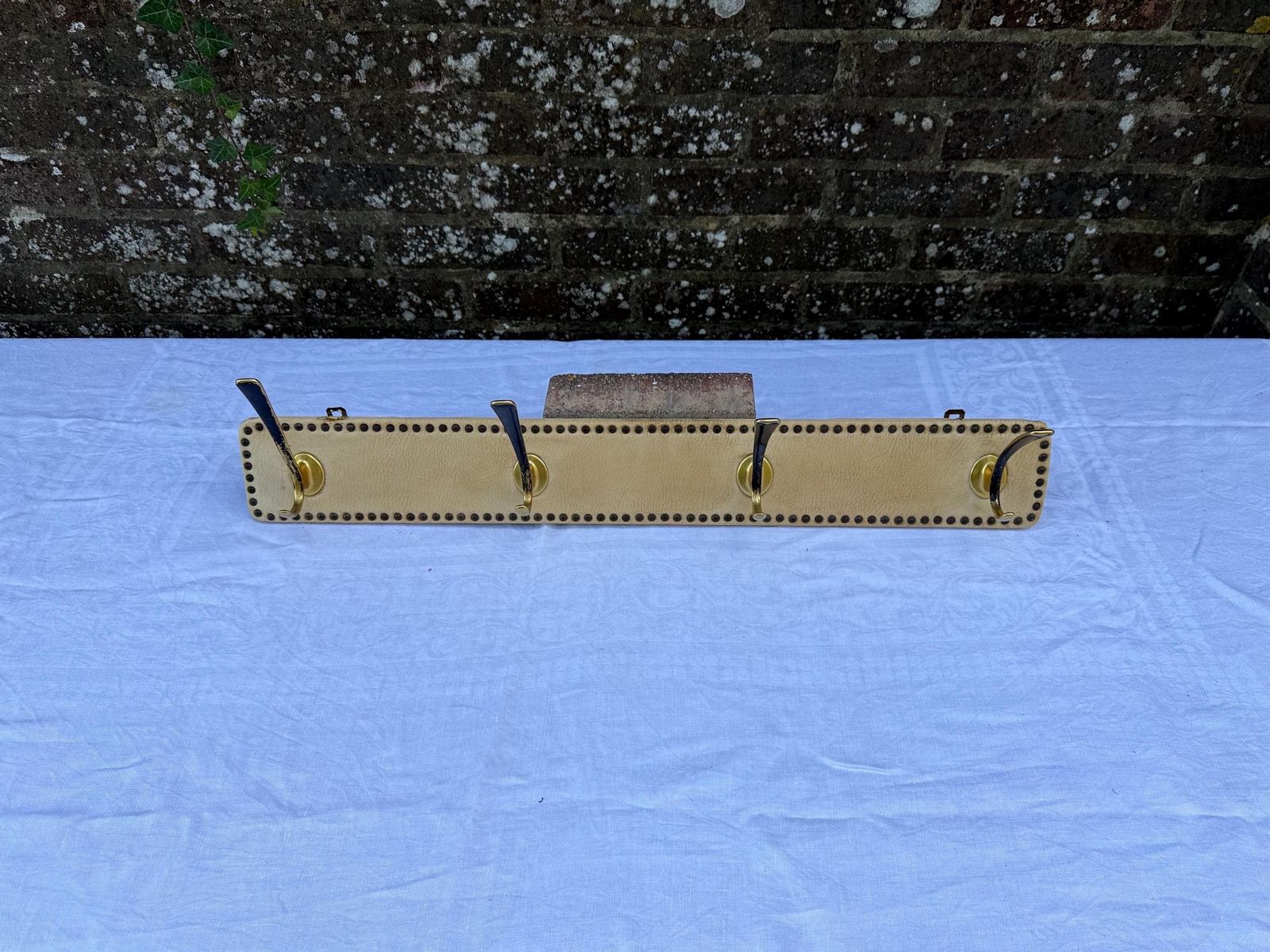 Vintage Mid Century Wall Mounted Coat Hooks – Brass And Vinyl Panel With Stud Detailing – Retro Hallway Storage, Retro Hooks, Refurb Project