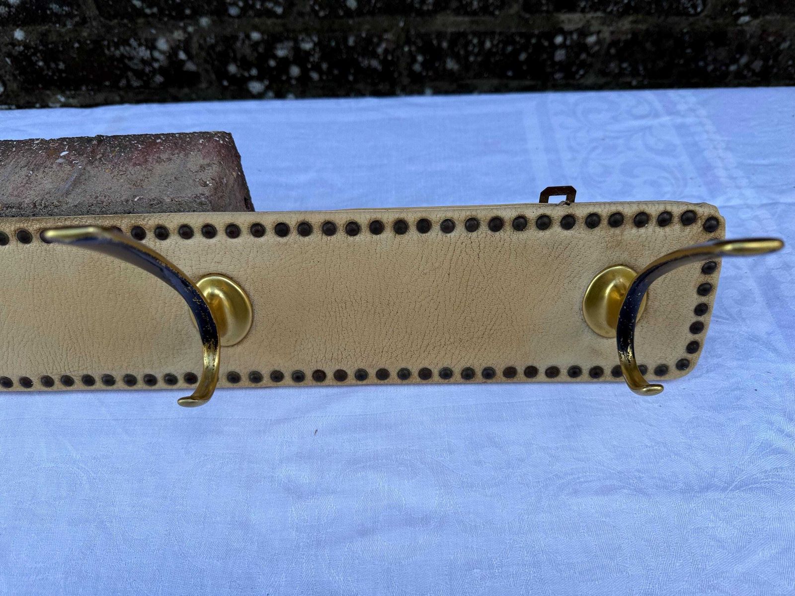 Vintage Mid Century Wall Mounted Coat Hooks – Brass And Vinyl Panel With Stud Detailing – Retro Hallway Storage, Retro Hooks, Refurb Project photo Furniture