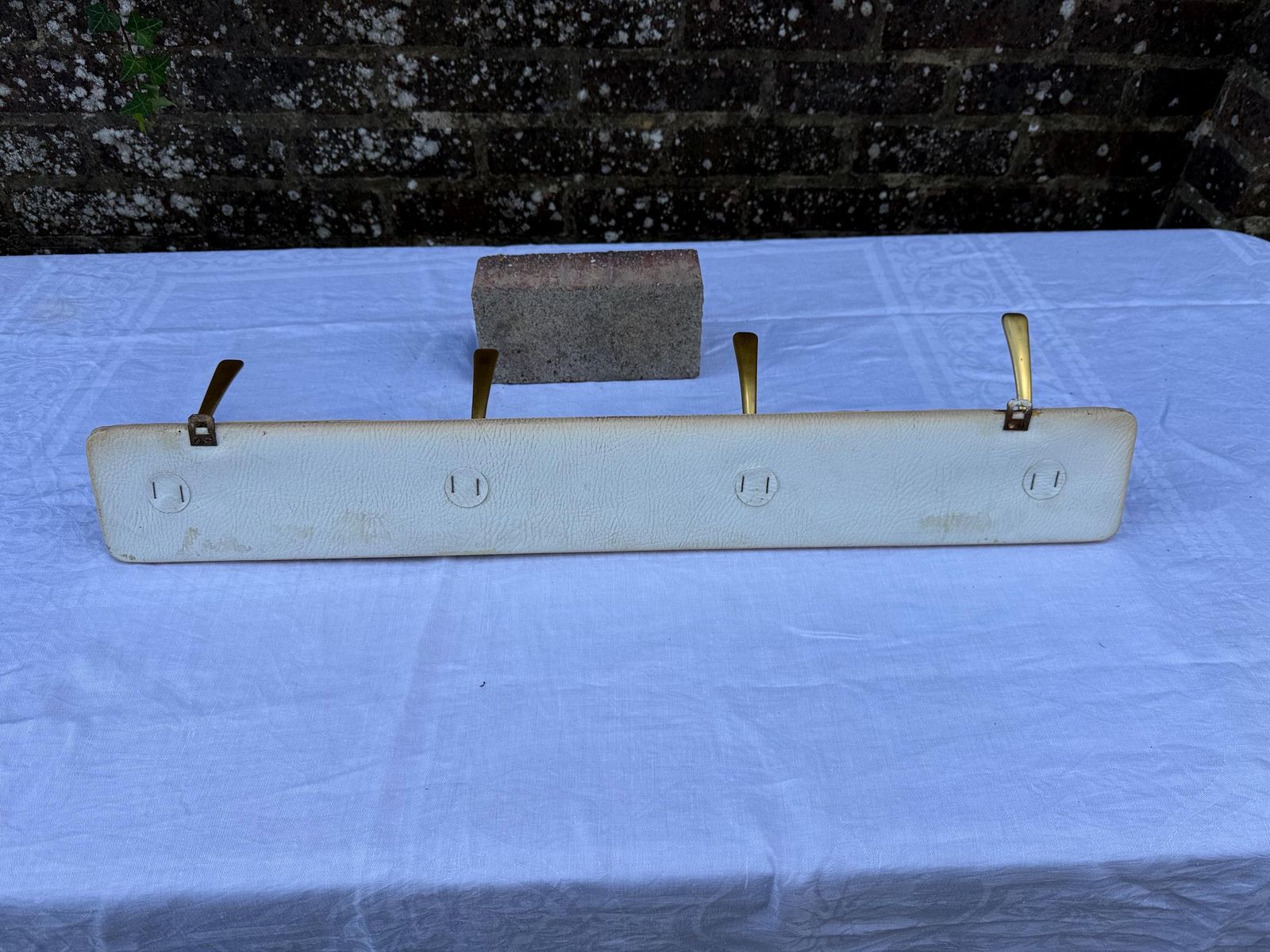 Vintage Mid Century Wall Mounted Coat Hooks – Brass And Vinyl Panel With Stud Detailing – Retro Hallway Storage, Retro Hooks, Refurb Project photo buy