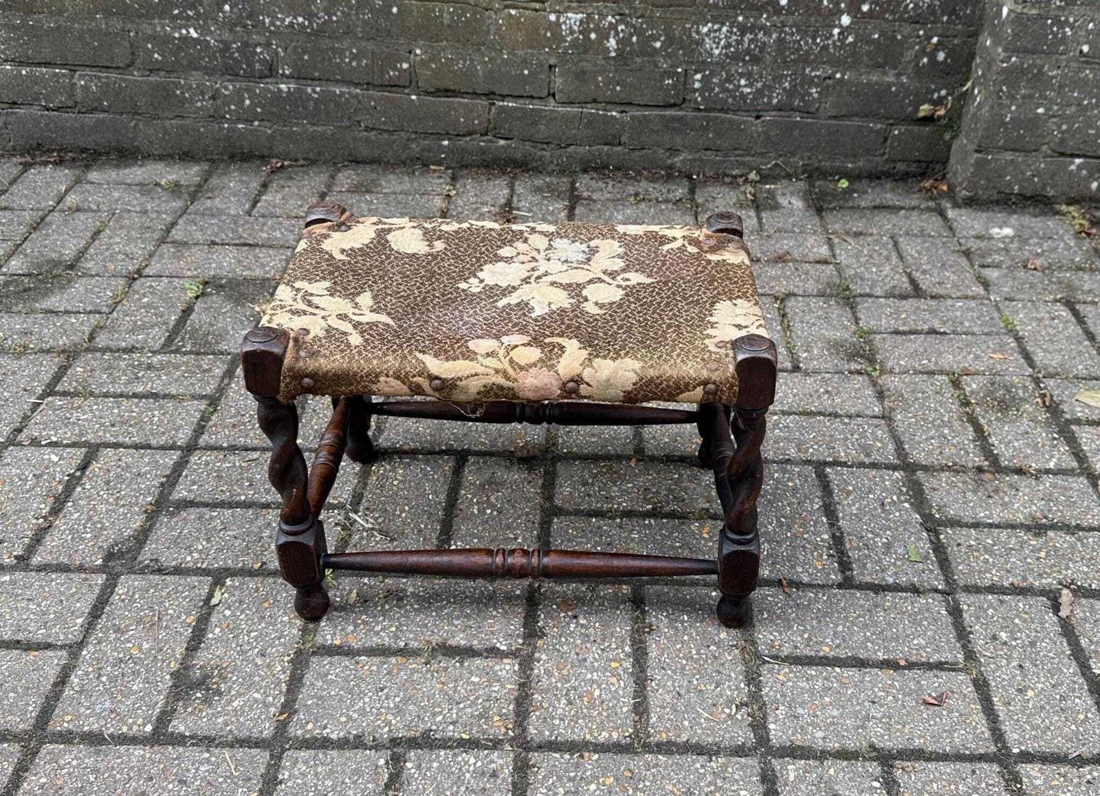 Antique Wooden Footstool: Barley Twist Legs, Floral Tapestry, Rustic Decor