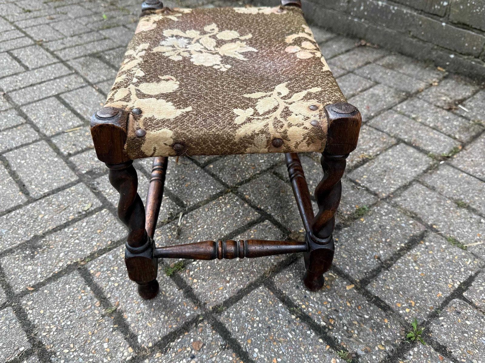 Antique Wooden Footstool: Barley Twist Legs, Floral Tapestry, Rustic Decor photo buy