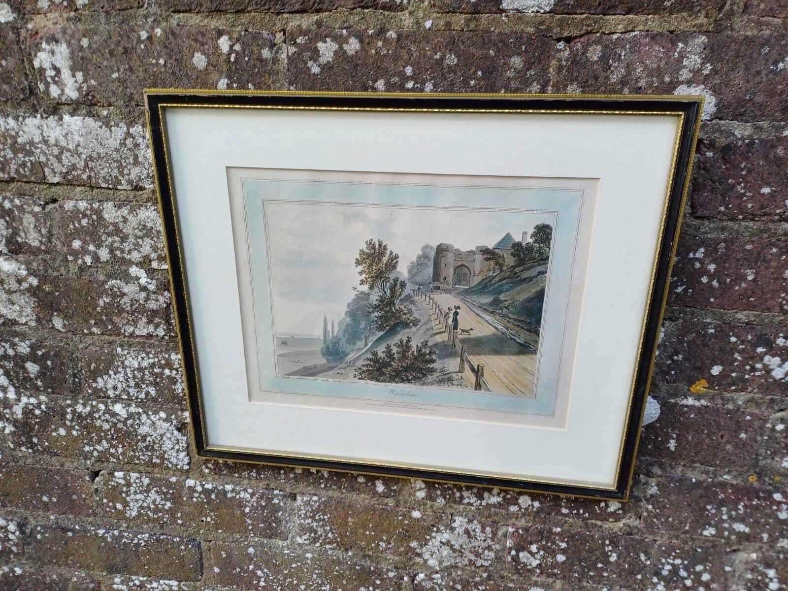 Antique Hand Coloured Print Winchelsea Sussex C1820s Georgian Town Gate Landscape Framed Historic Wall Art, W Daniell Engraving, Cinque Port photo for sale