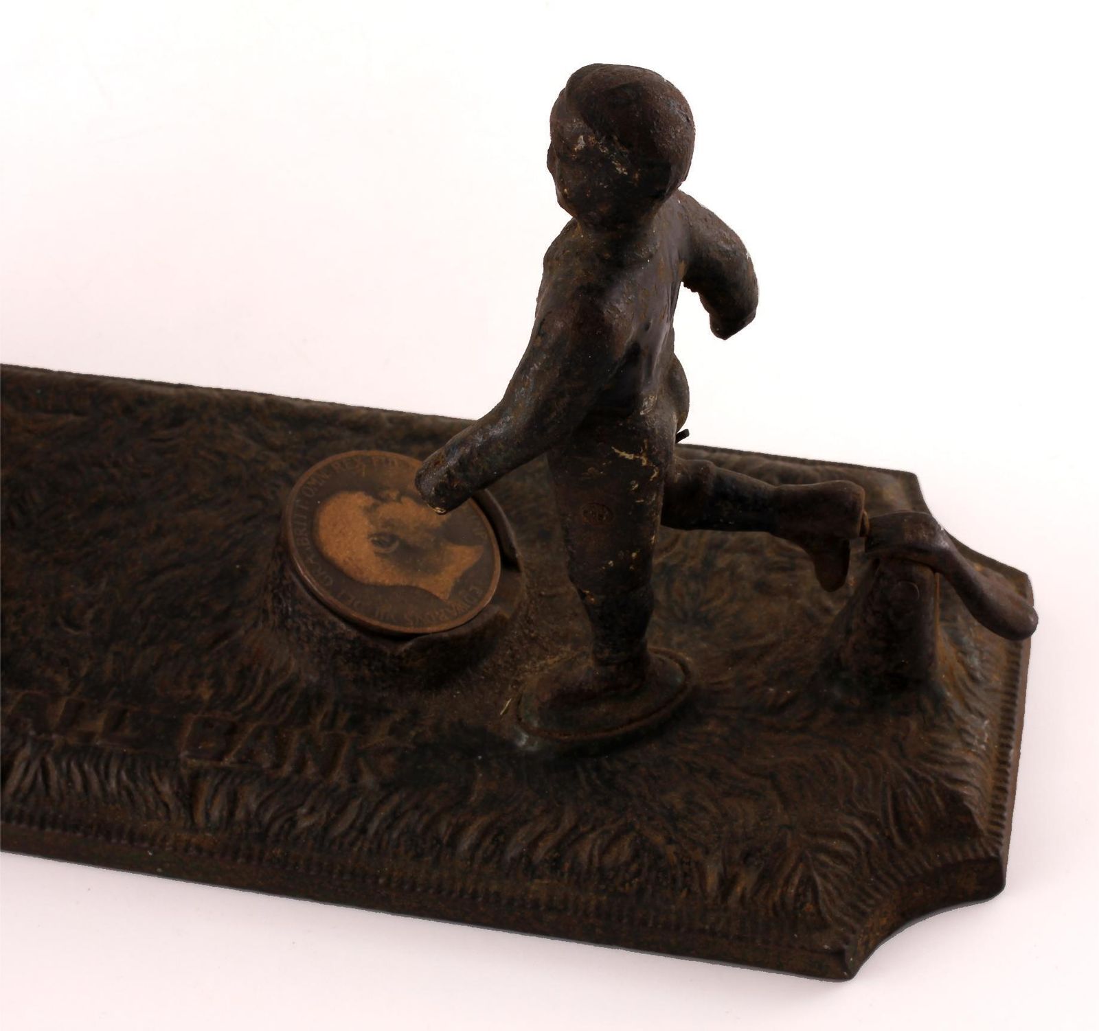 Home Decor Cast Iron Football Bank. Victorian Mechanical Money Box. John Harper Co. photo