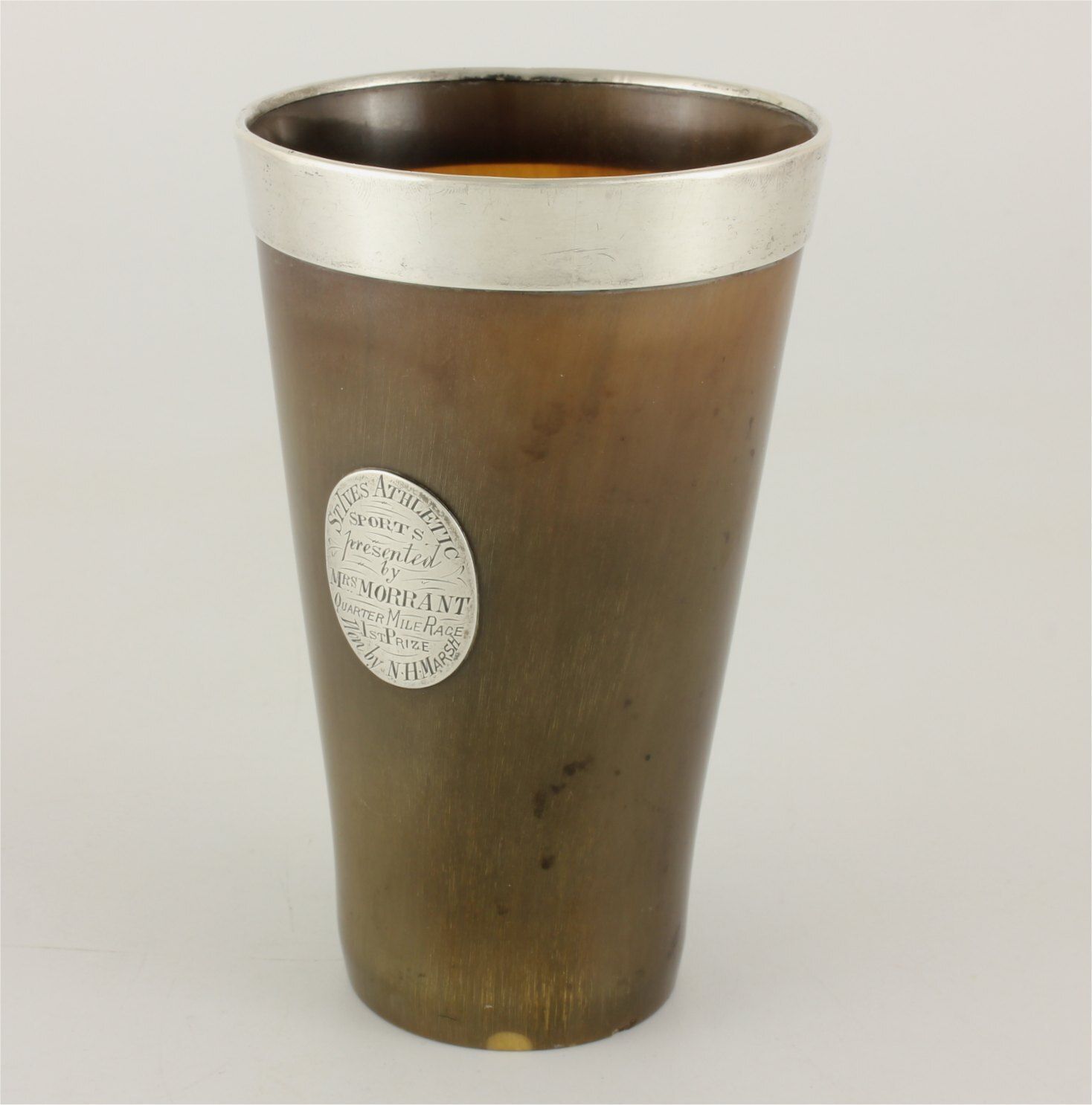 Horn Beaker Cup Silver Rim & Plaque. St Ives Athletic Sports Trophy 1881.