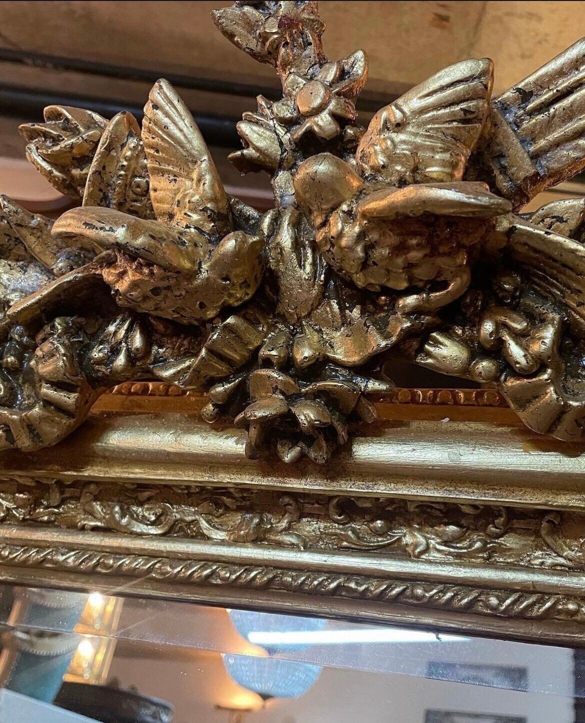Stunning French Style Gilt Wood Mirror With Carved Doves. photo Home Decor
