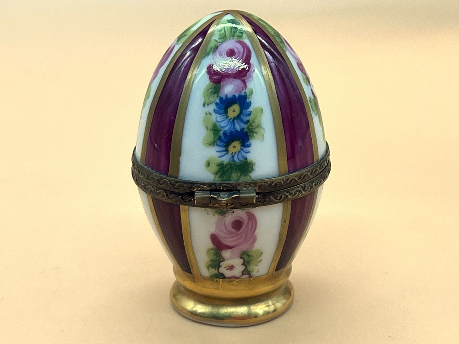 Limoges Porcelain France Egg Shaped Box With Internal Red Glass Perfume Bottle. photo for sale