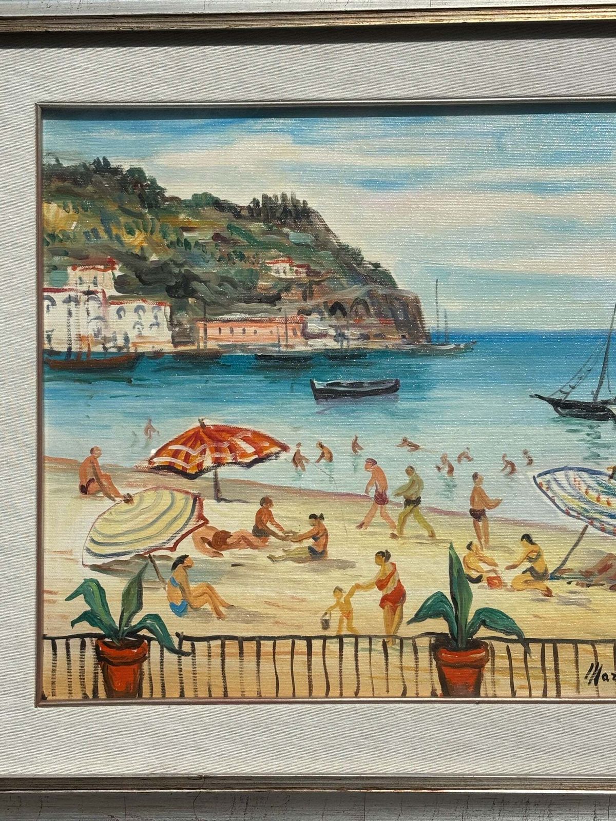 Oil On Canvas Painting 'At The Beach' By Mario Cortiello, 1960s photo furniture