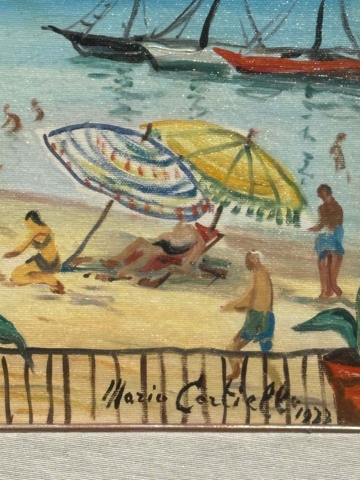 Oil On Canvas Painting 'At The Beach' By Mario Cortiello, 1960s photo 613.0