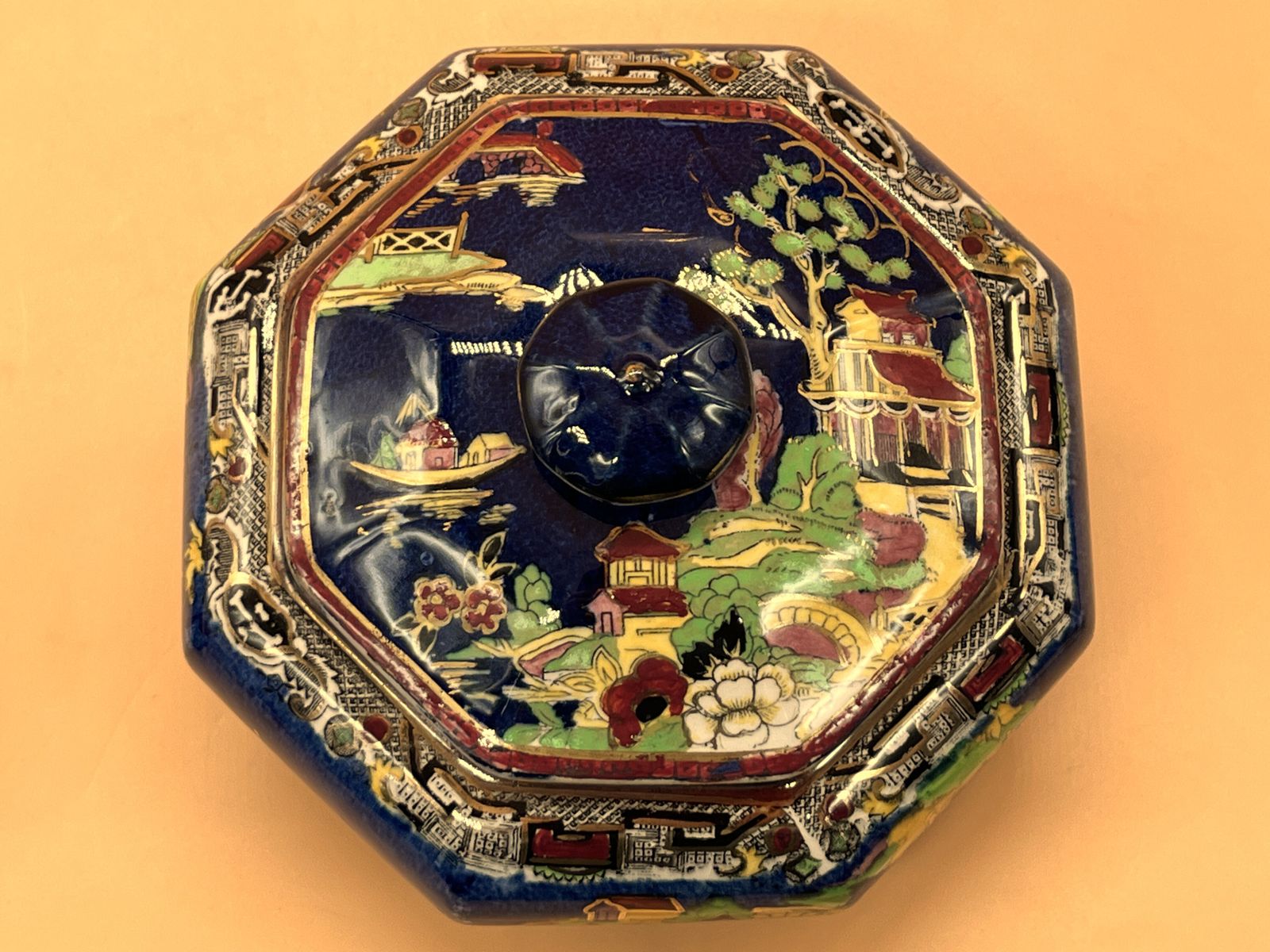 photo furniture Vintage Royal Winton Blue Pekin Chintz Hand Painted Candy / Trinket Box. C1950.