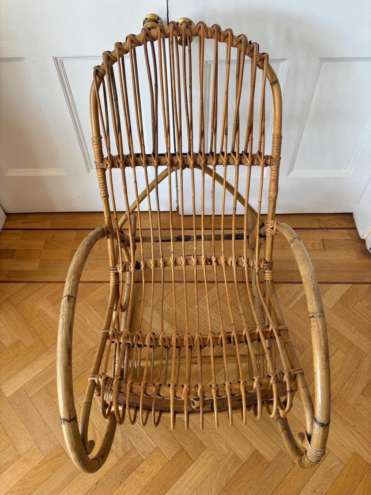Mid 20th Century Italian Bamboo Rattan Rocking Chair Franco Albini Style photo furniture