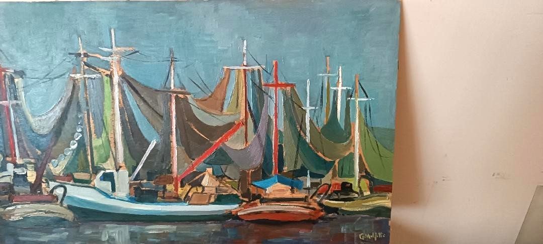 Dipinto Olio Su Tavola Marina Con Barche  Firmato Anni 50\60 photo vinterior