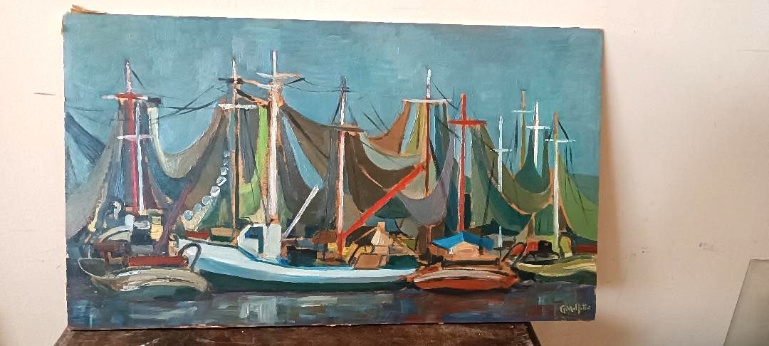 photo furniture Dipinto Olio Su Tavola Marina Con Barche  Firmato Anni 50\60