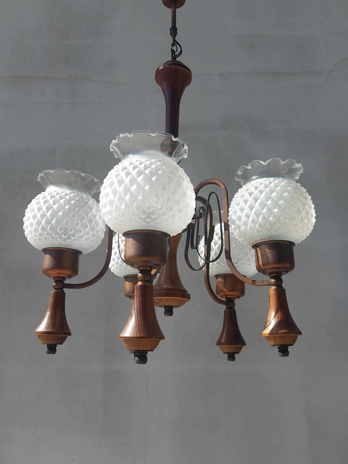 Vintage 5 Arm Wooden Chandelier – Mid Century Pineapple Glass Ceiling Light With Copper Details, Retro Dining Room Pendant Lamp photo for sale