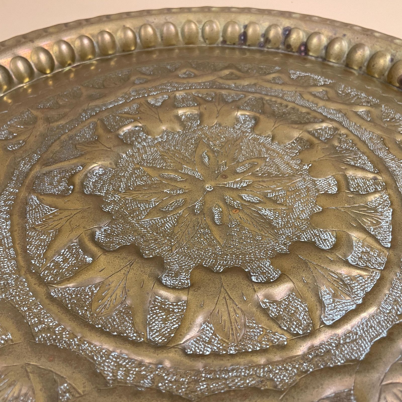 Antique Metal Gold Indian Patterned Brass Tray 42cm Plate Asian Handmade Etched Intricate Decorative Patterned Wall Art Round Vintage photo furniture