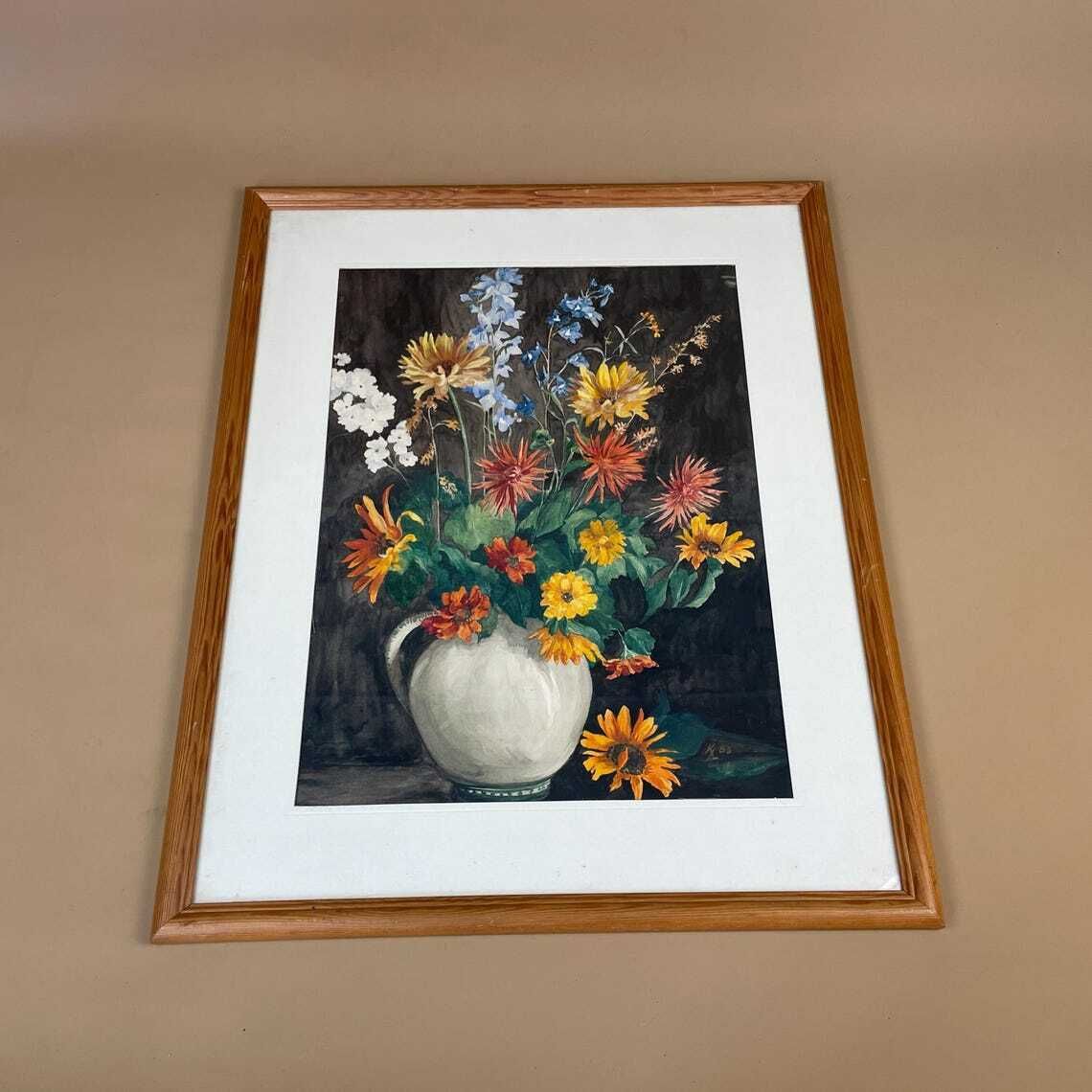 Watercolour Painting Still Life Floral Picture Flowers Wooden Frame White Mount Original Art Artwork Rectangle Portrait Wall Hanging photo furniture