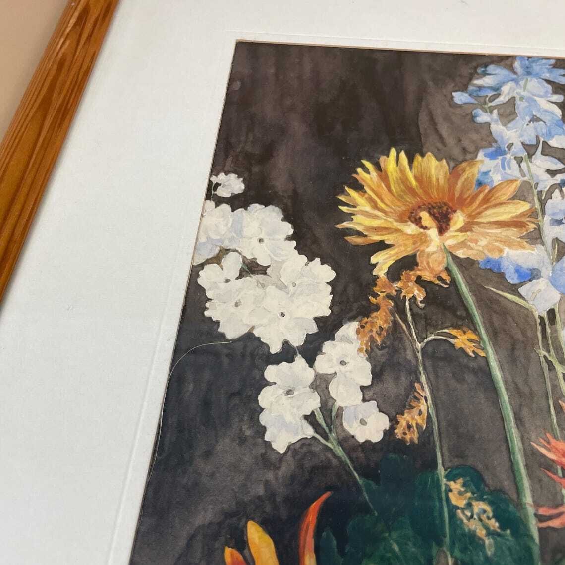 Watercolour Painting Still Life Floral Picture Flowers Wooden Frame White Mount Original Art Artwork Rectangle Portrait Wall Hanging photo vintage
