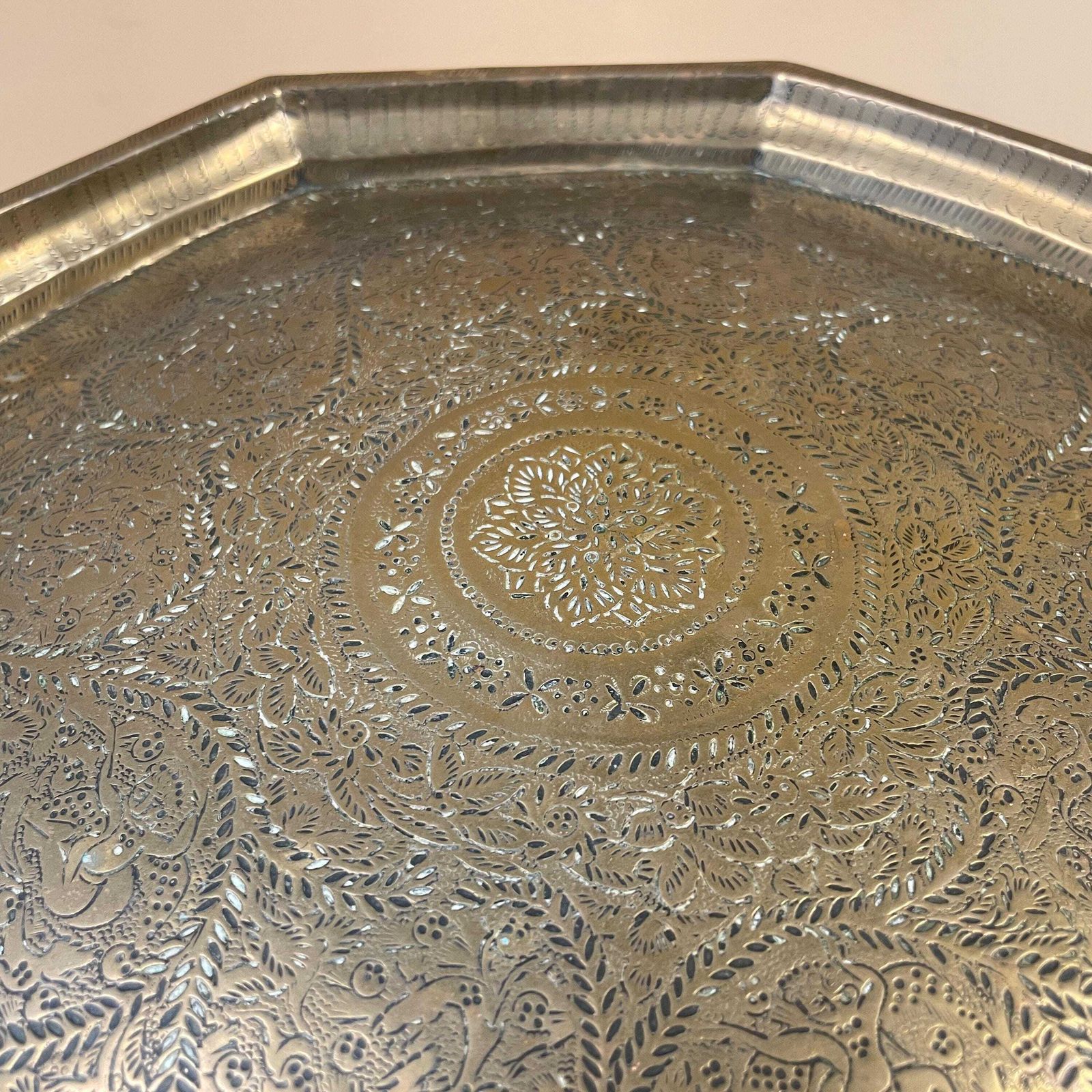 Antique Metal Gold Indian Patterned Brass Tray Plate Asian Handmade Etched Intricate Decorative Patterned Wall Art Octogon Vintage Patina photo for sale