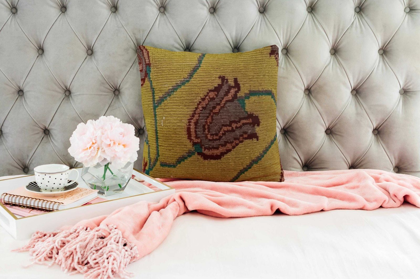 Floral Kilim Cushion Cover: Mustard, Turquoise Wool Rug Pillow (40x35 Cm) photo for sale