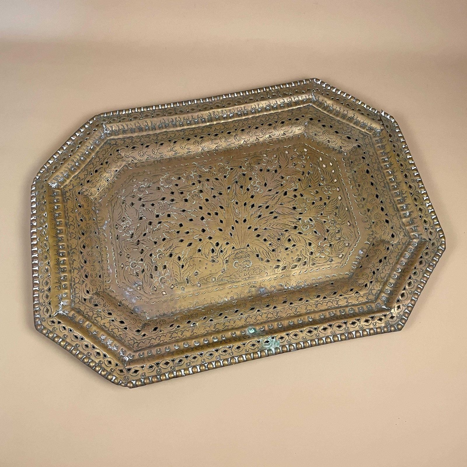 Antique Metal Gold Indian Patterned Brass Tray 61x46cm Plate Asian Handmade Etched Intricate Decorative Patterned Wall Art Octagon Vintage photo furniture