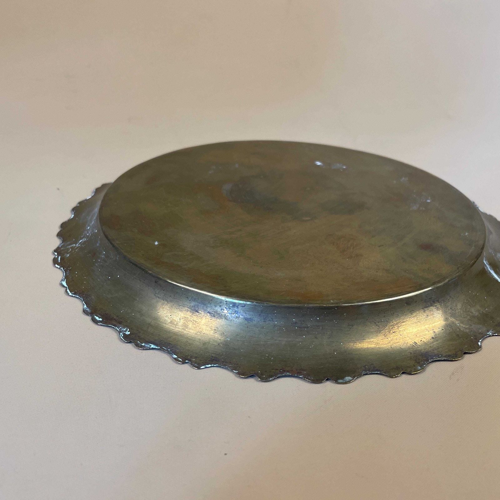 Antique Metal Gold Indian Patterned Brass Tray 23cm Plate Asian Handmade Etched Intricate Decorative Patterned Wall Art Round Vintage photo vintage
