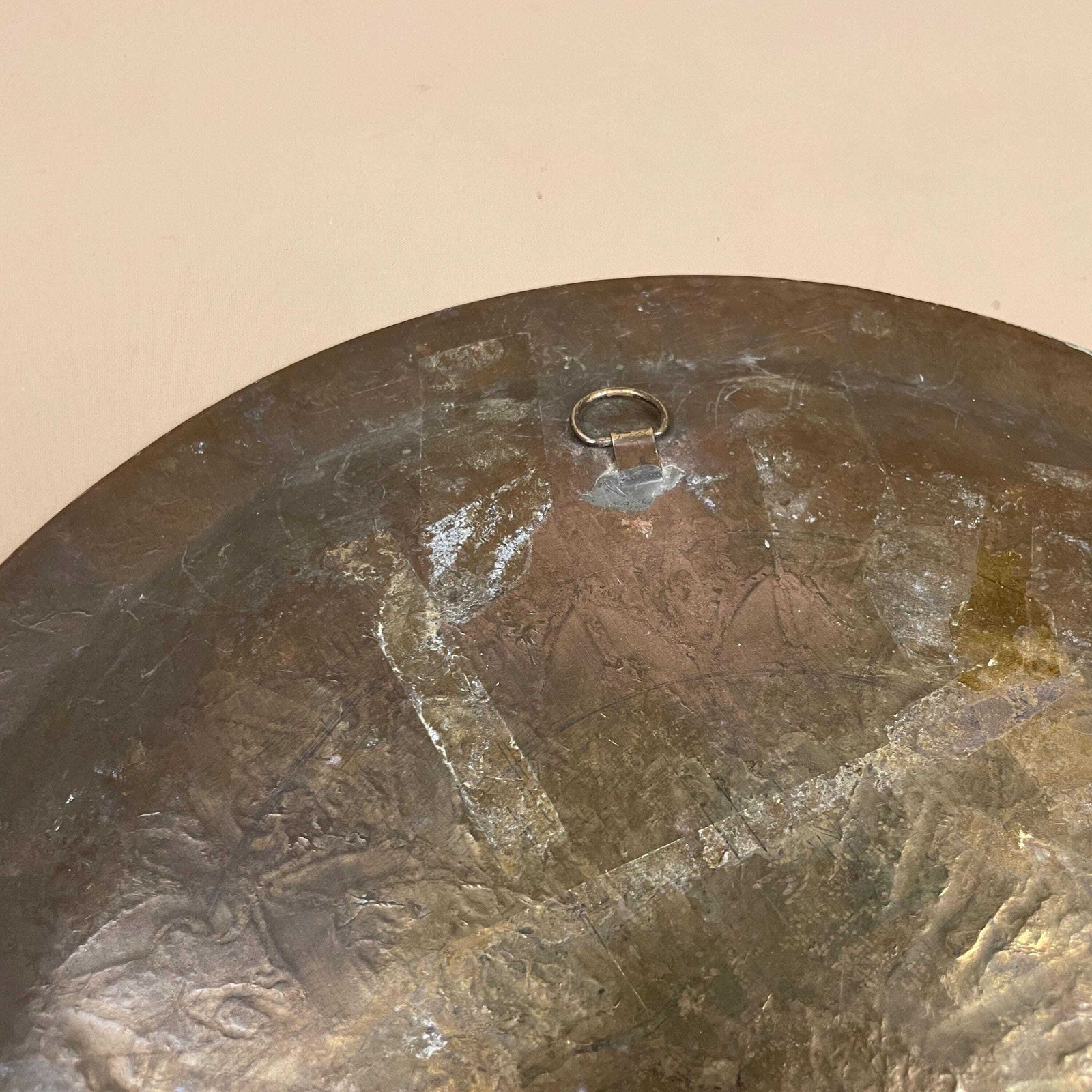 Antique Metal Gold Indian Patterned Brass Tray 35.2cm Plate Asian Handmade Etched Intricate Decorative Patterned Wall Art Round Vintage photo vintage