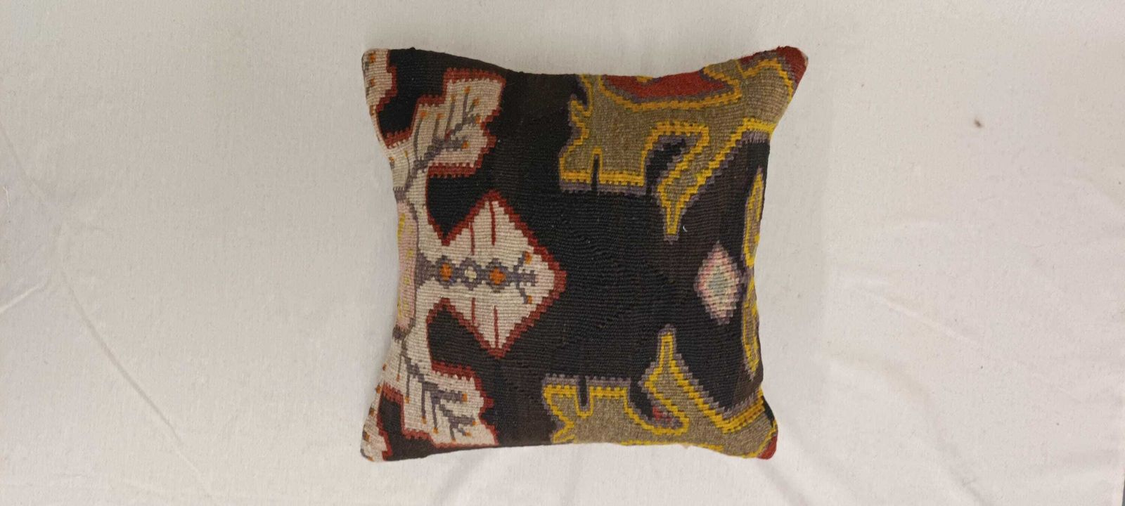 Vintage Turkish Kilim Cushion Cover: Handwoven Wool Tribal Pillow (18x18'') photo for sale