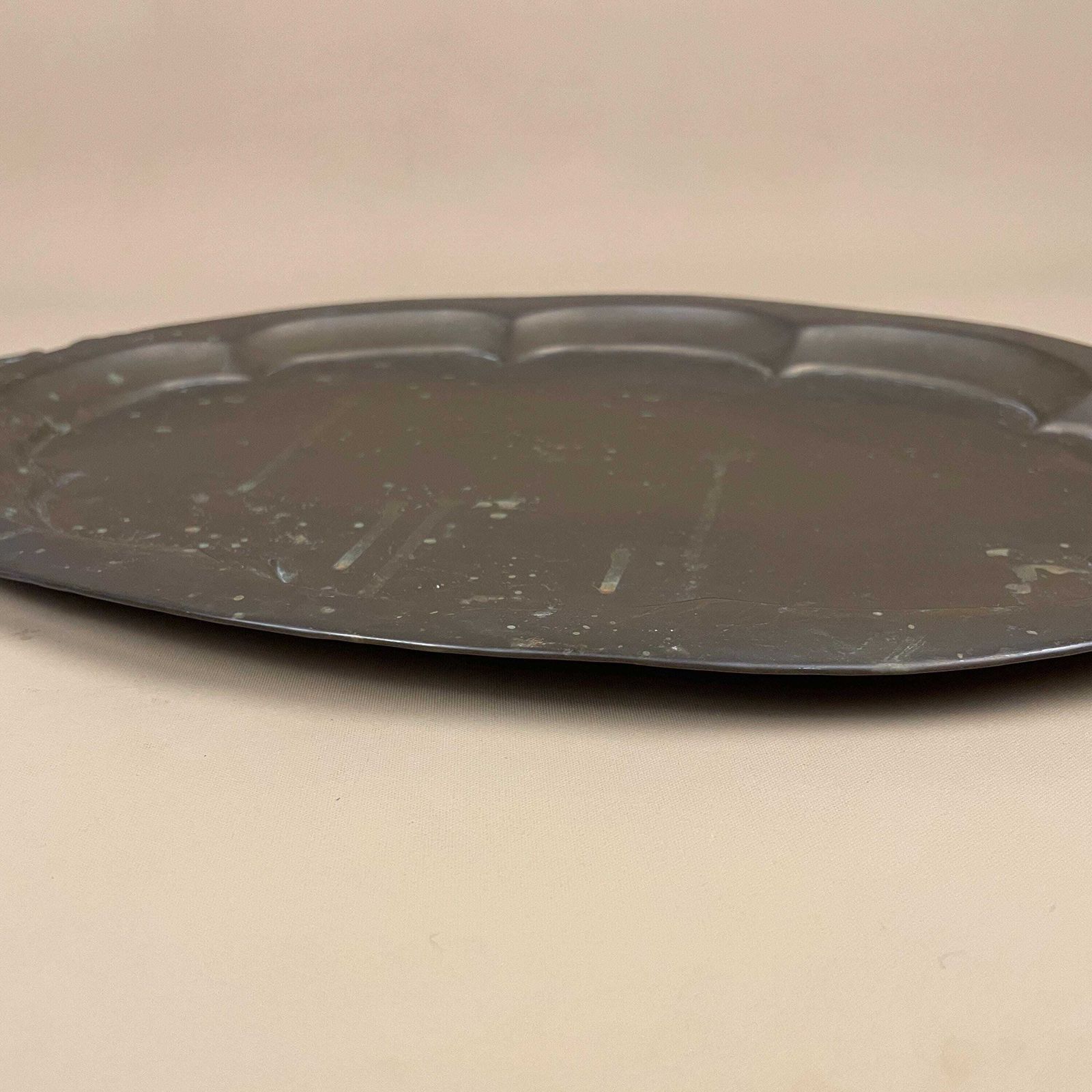 Antique Metal Gold Indian Patterned Brass Tray 46x29cm Plate Asian Handmade Handles Decorative Scallop Patterned Wall Art Oval Vintage photo for sale
