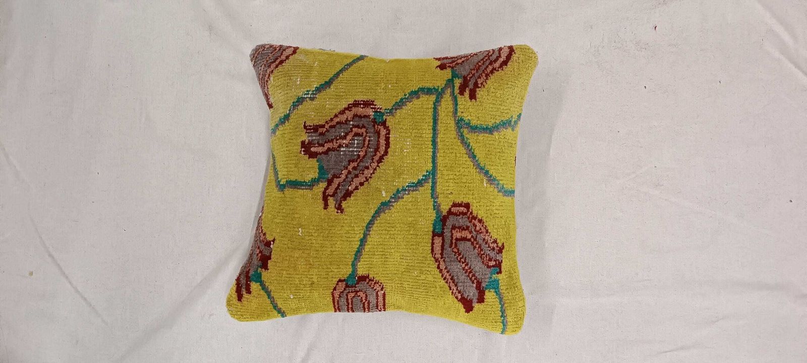 Yellow Cushion Cover, Antique Floral Style Rug Cushion, Turkish Pillow, Scatter Cushion, Rug Pillow, Kilim Cushion 16''X16'' / 40x40 Cm photo buy