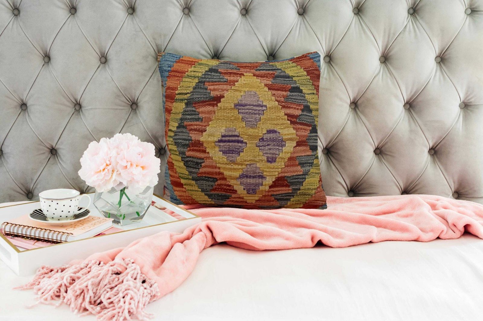 Handmade Cushion Cover For Sofa, Multicoloured Oriental Rug Cushion, Boho Rug Pillow, Decorative Throw Pillow, Kilim Rug Cushion 45x45 Cm photo buy