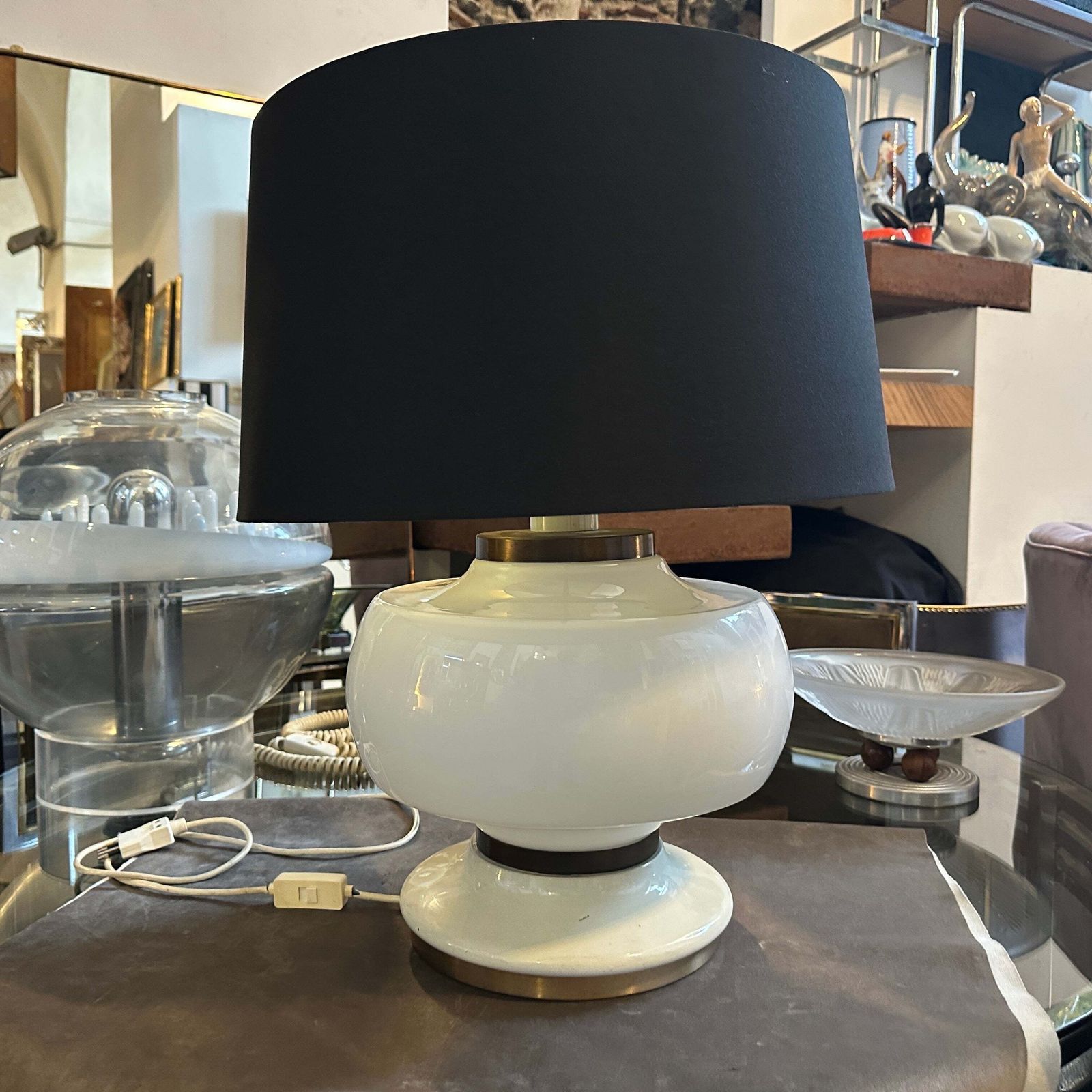 1970s Mid Century Modern White Opaline Glass And Brass Italian Table Lamp photo furniture