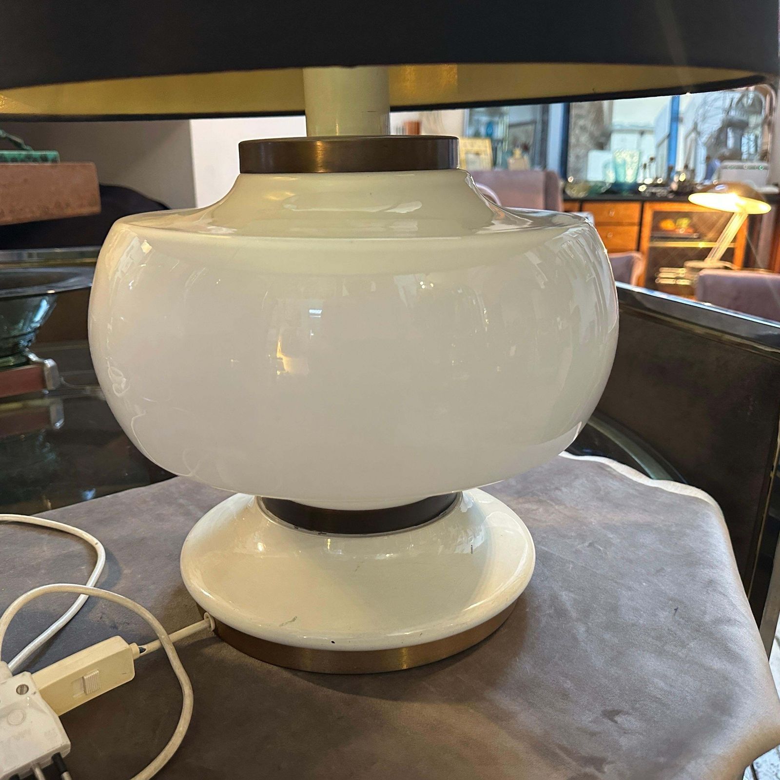 photo for sale 1970s Mid Century Modern White Opaline Glass And Brass Italian Table Lamp