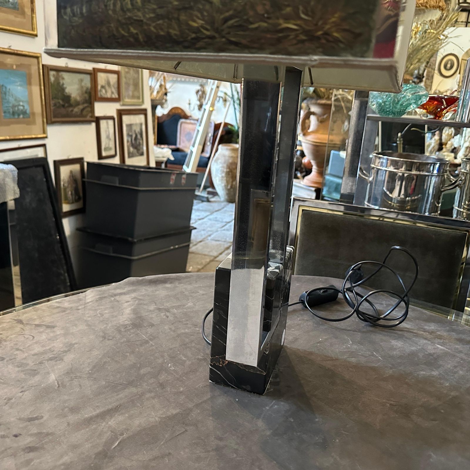 photo for sale 1970s Modernist Chromed Metal And Marble Table Lamp With Hand Painted Lampshade