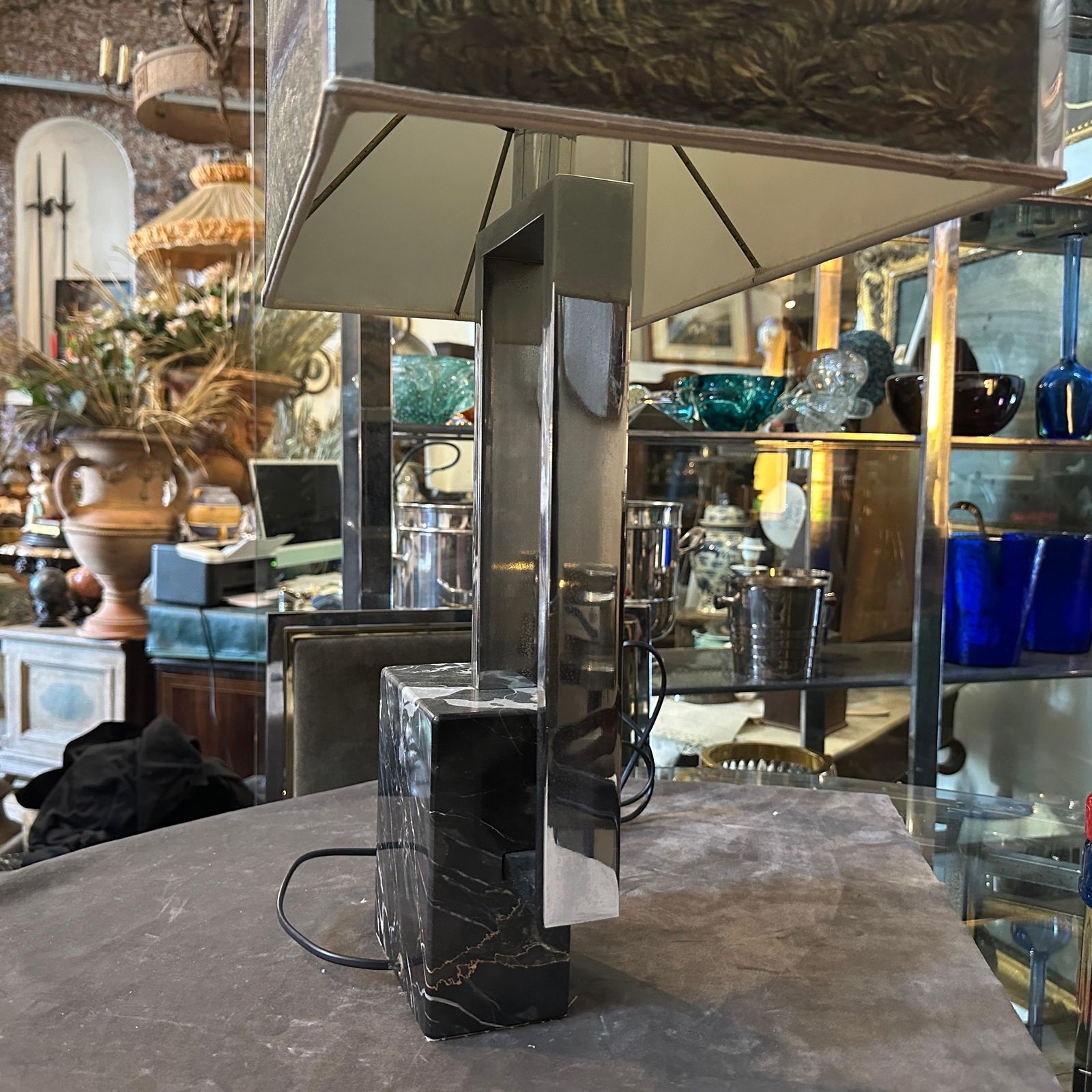 1668.0 1970s Modernist Chromed Metal And Marble Table Lamp With Hand Painted Lampshade photo