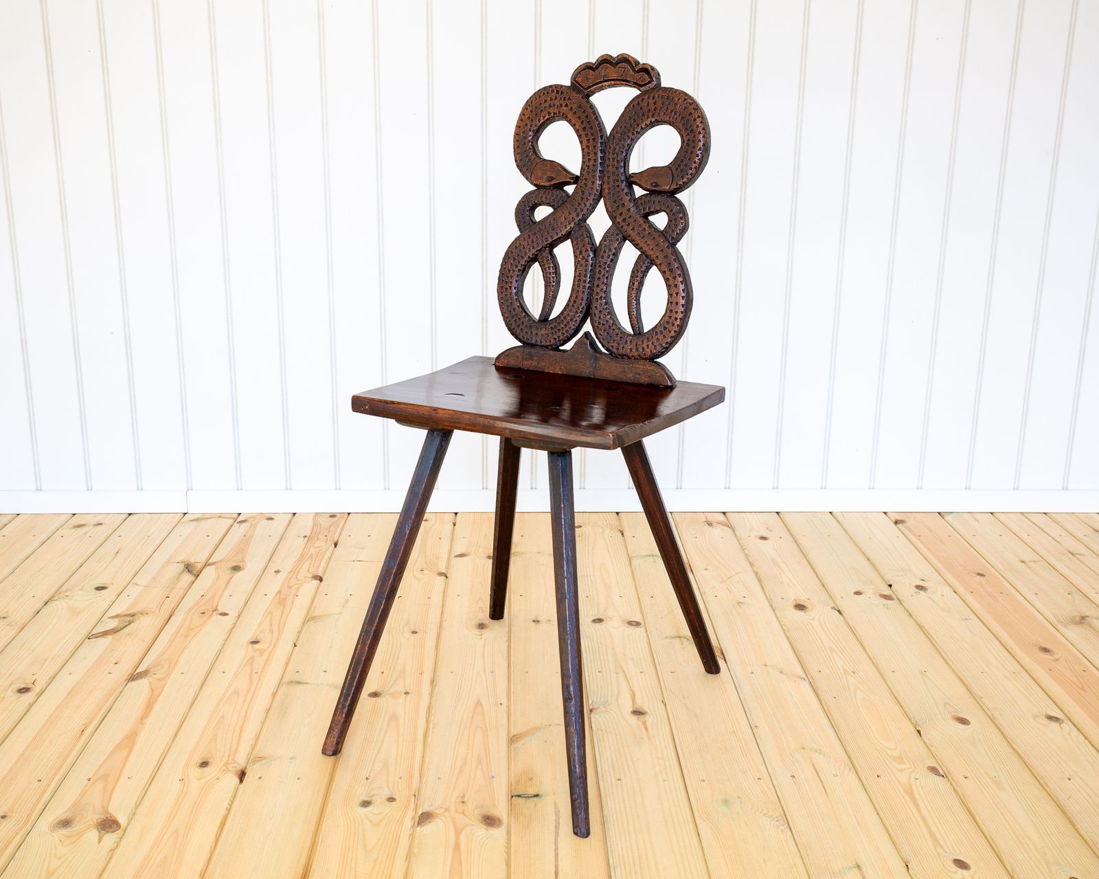 18th Century Folk Art Carved Chair Swiss Alp Historical Alsace Escabelle Tyrolean Sgabello Animal Snake Alpine Alsatian French 1770 Fine Antique