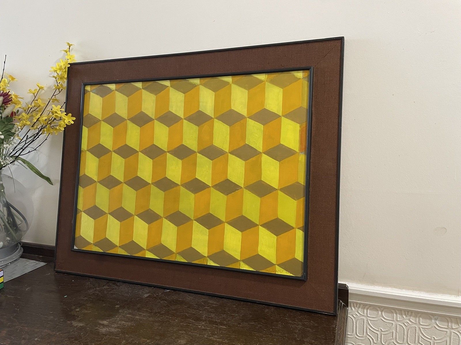 Mid Century Op Art Oil Painting Framed Signed Vintage Modernist Bridget Riley photo furniture