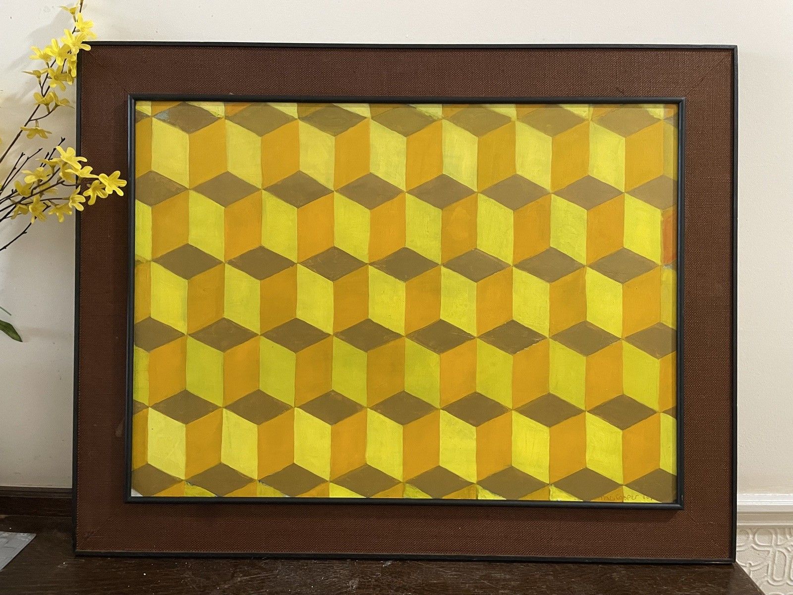 Mid Century Op Art Oil Painting Framed Signed Vintage Modernist Bridget Riley photo vintage