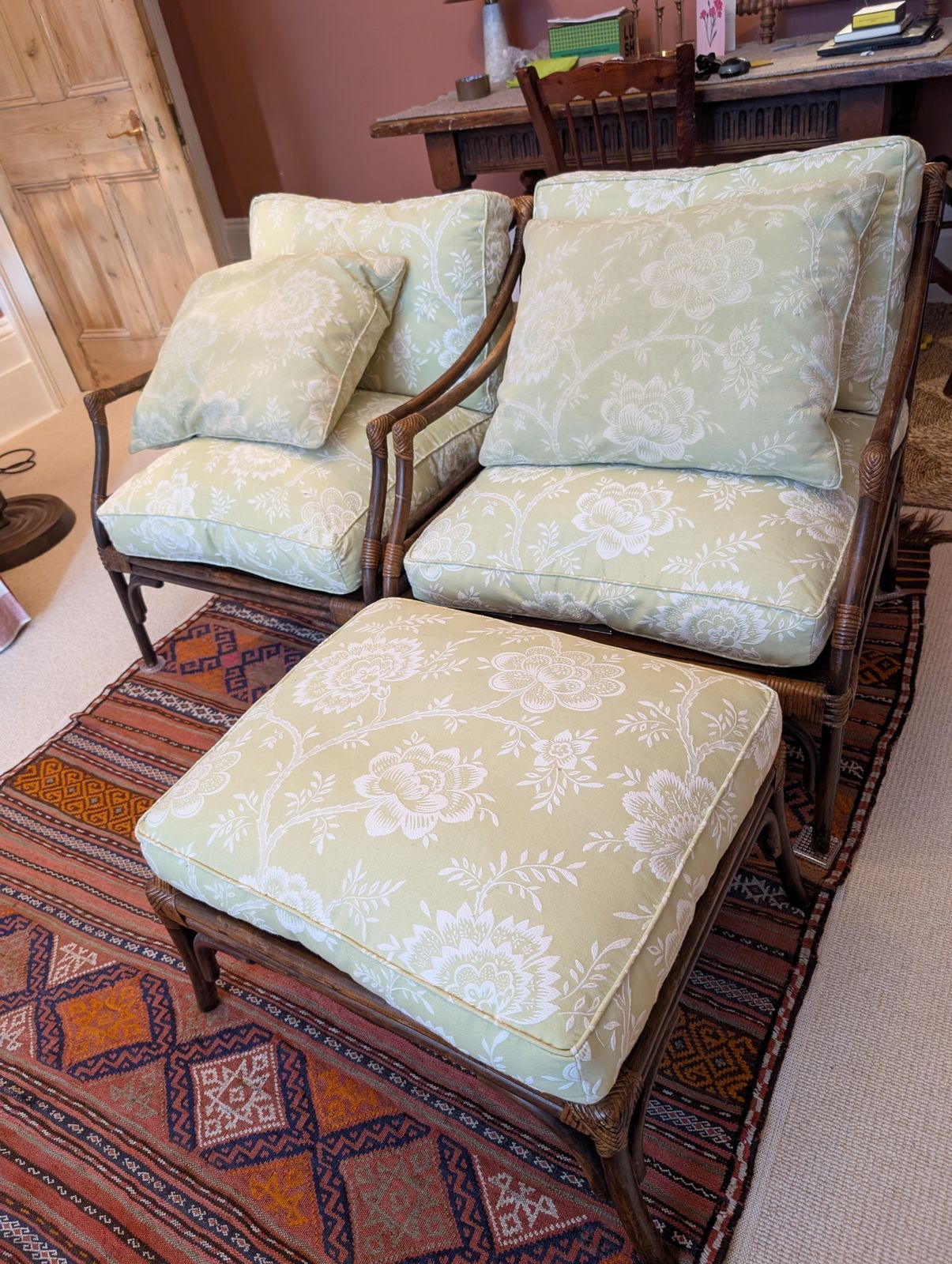 Mcguire Target Style Bamboo/Rattan Chairs With Matching Footstool