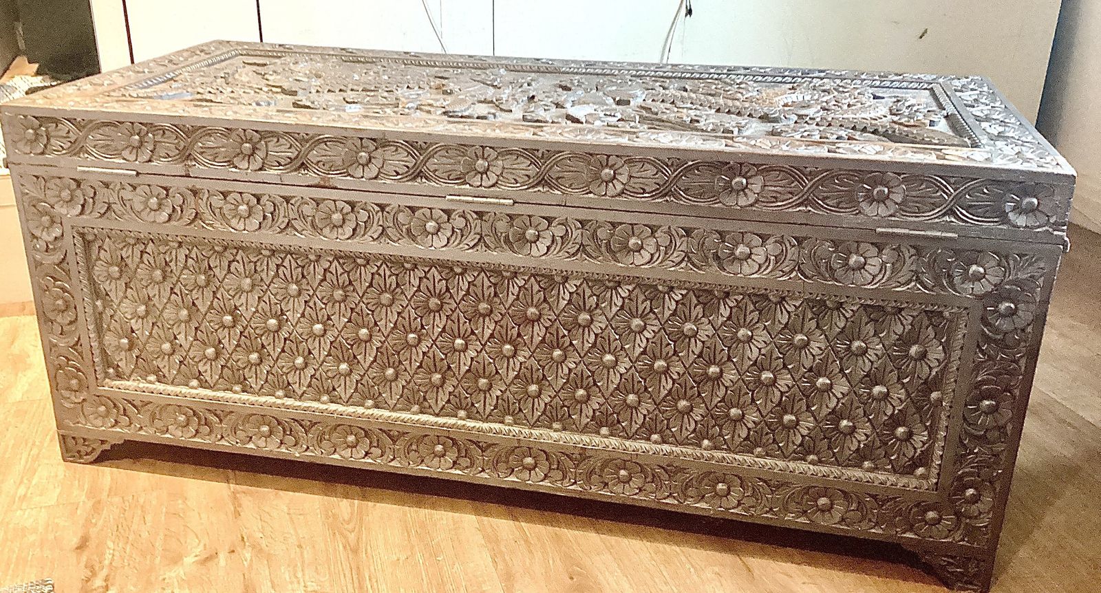photo for sale Large Chinese Carved Teak Chest  Twin Dragons C.1930s