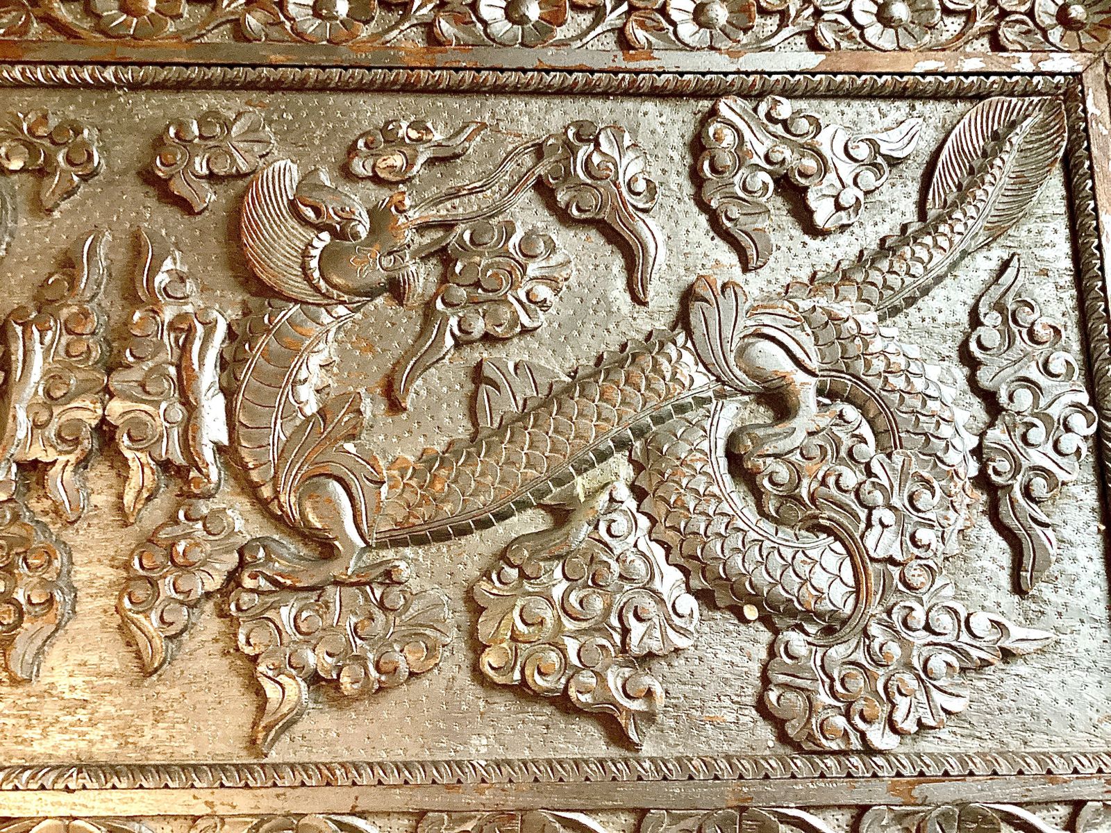 1100.0 Large Chinese Carved Teak Chest  Twin Dragons C.1930s photo