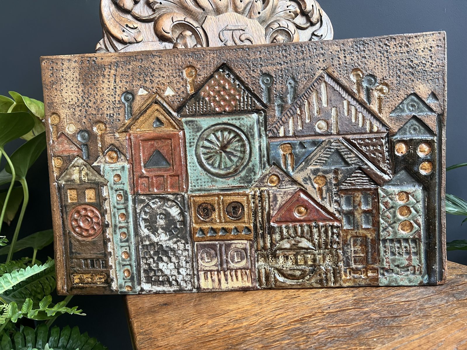 Folk Art Ceramic Wall Plaque, Rheinfelden Switzerland Mid Century Ceramics, Vintage 1970s Swiss Ceramic, Cityscape Art, Medieval House photo vinterior
