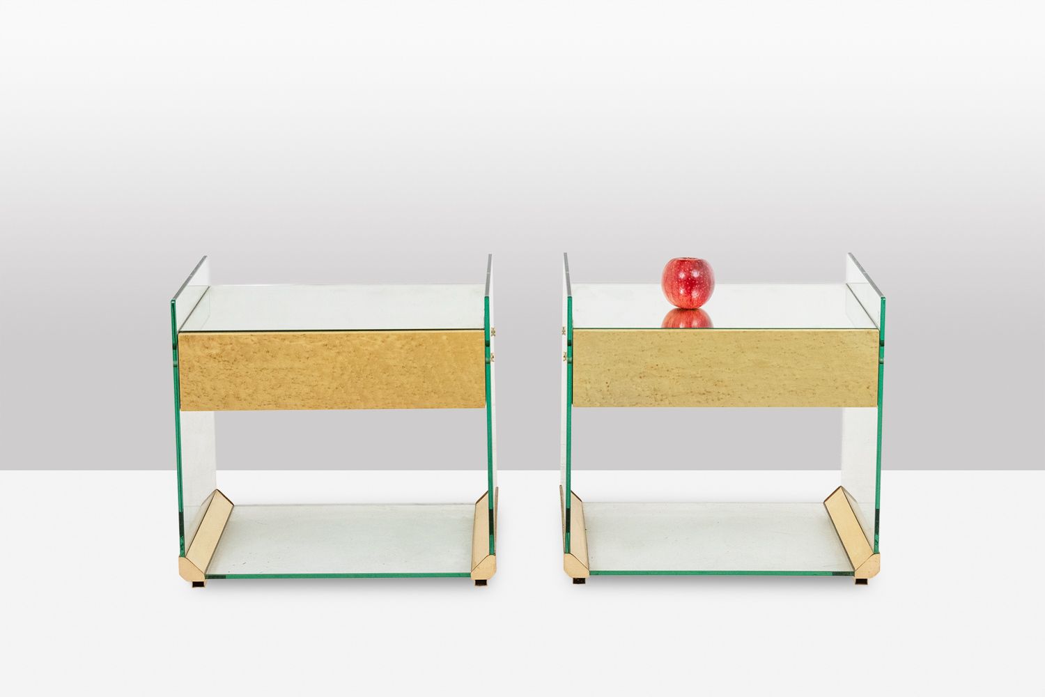Pair Of Bedside Tables In Brass, Glass And Mirror. 70’s photo Furniture