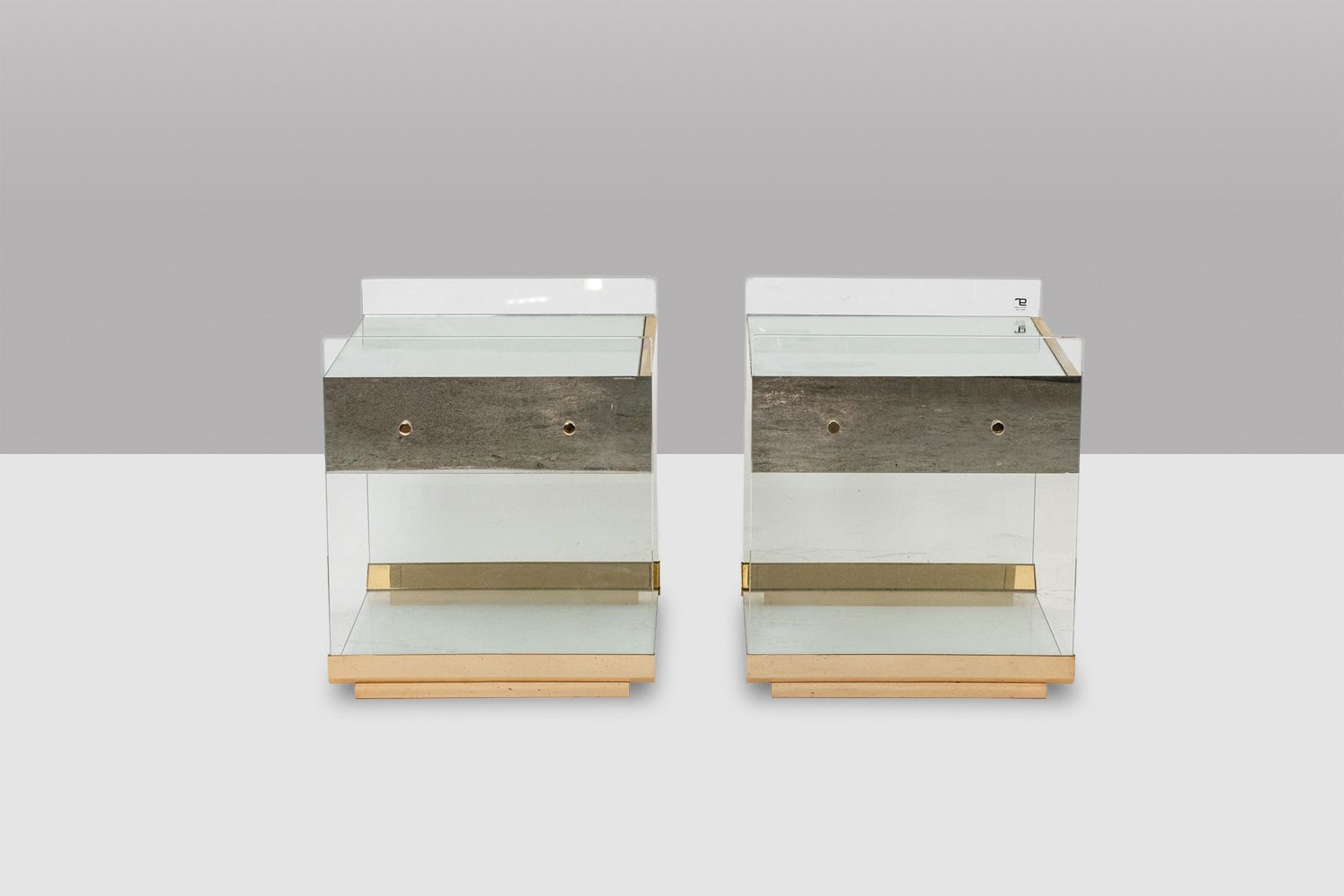 Pair Of Bedside Tables In Brass, Glass And Mirror. 70’s photo buy