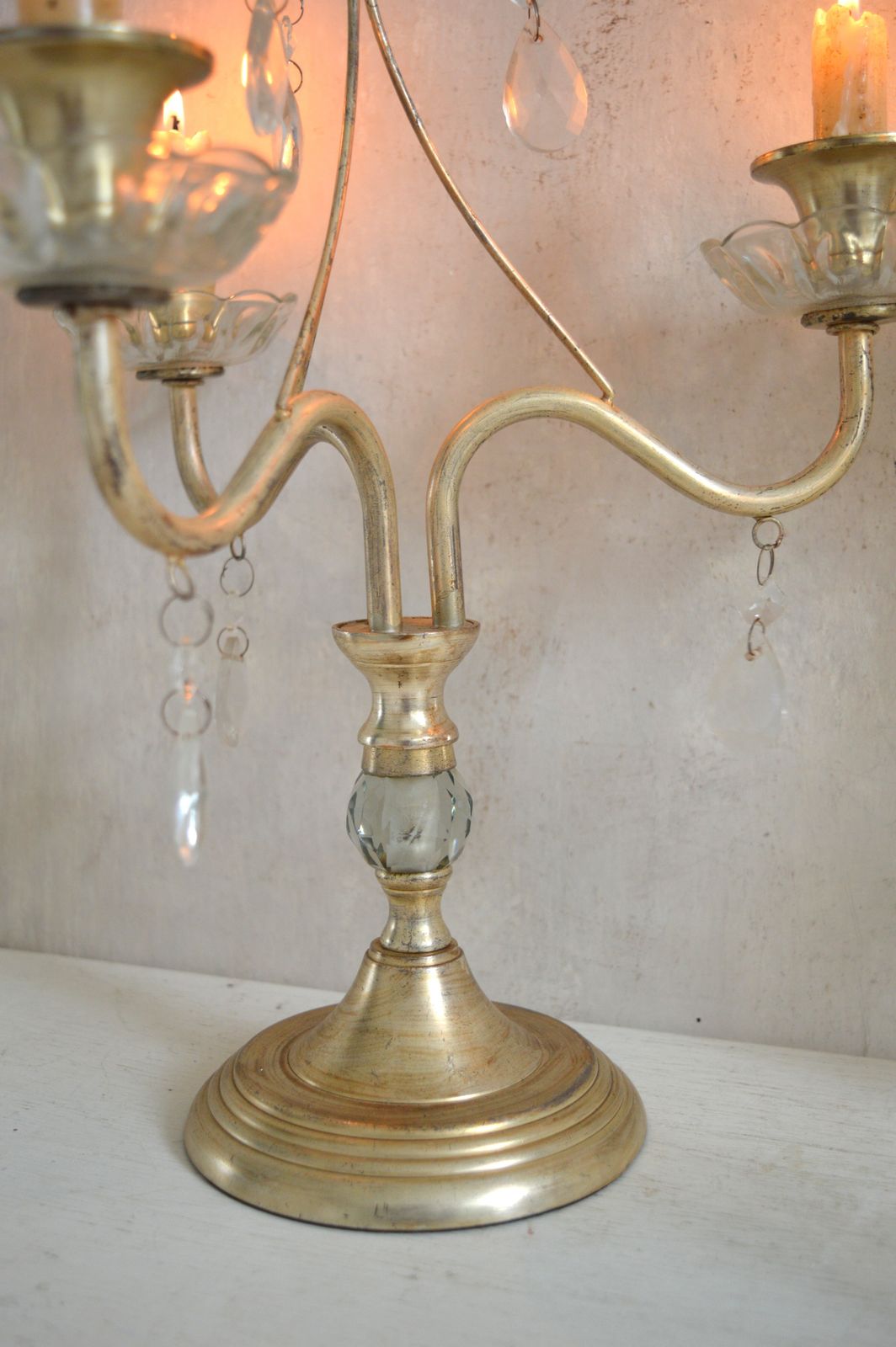 Vintage Pair French Style 3 Arm Candelabras, Blown Glass, Brass Gold Effect Candlesticks photo 115.0
