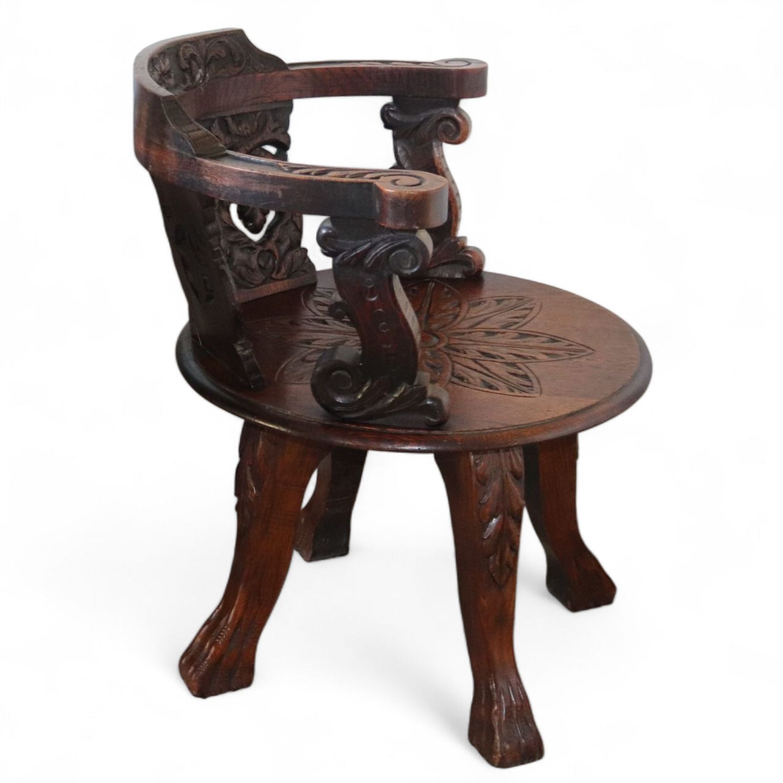 495.0 Antique Victorian Carved Oak Green Man Captians Swivel Office Chair photo