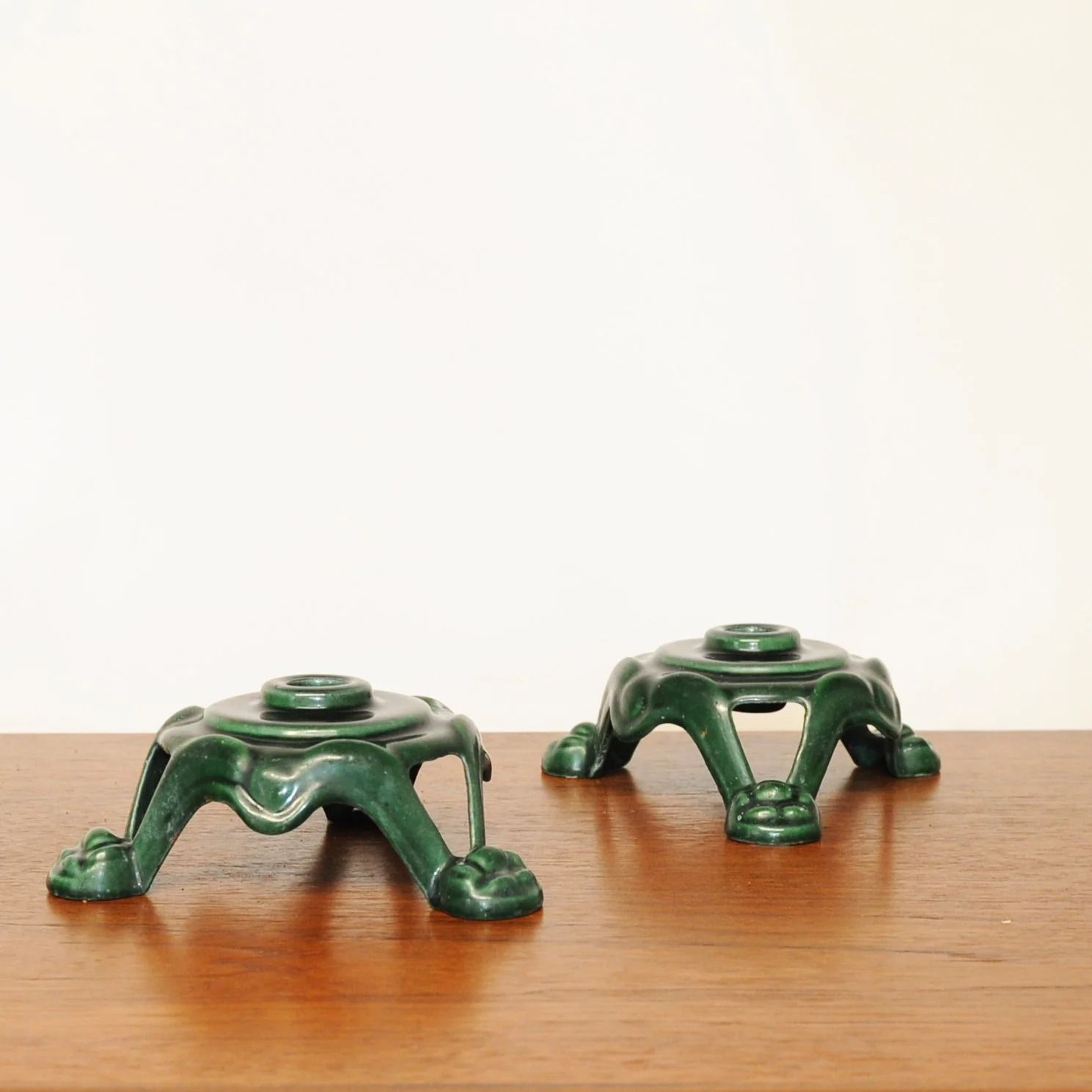 Pair Of Metal Candle Stick Holders In Green, 1970s photo for sale
