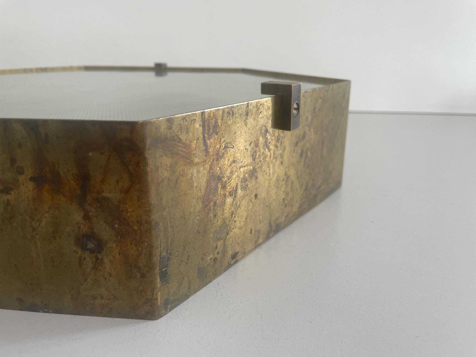 photo for sale Exclusive Hexagonal Half Transparent Glass And Brass Frame Italian Flush Mount Light, In Style Of Gio Ponti   Arredoluce, 1960s, Italy
