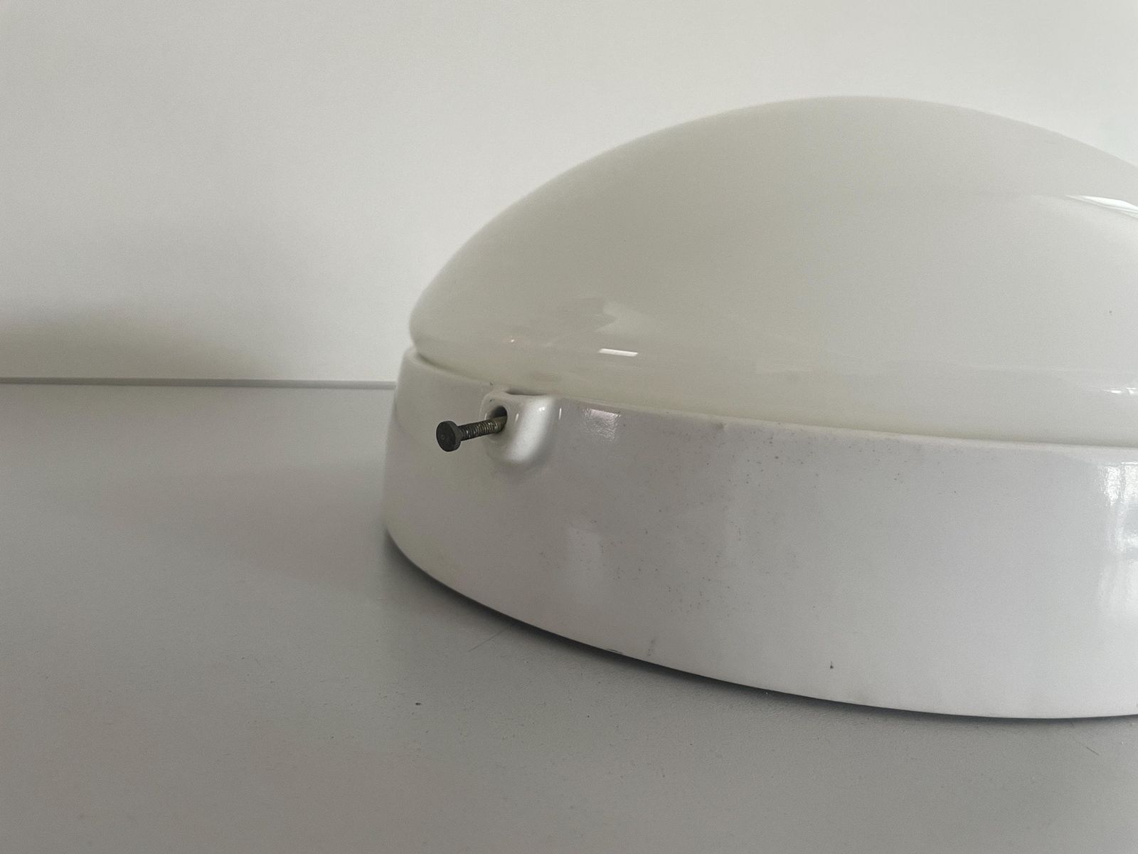 Round Opaline Glass And White Porcelain Single Bathroom Flush Mount Light, 1950s, Italy photo vintage