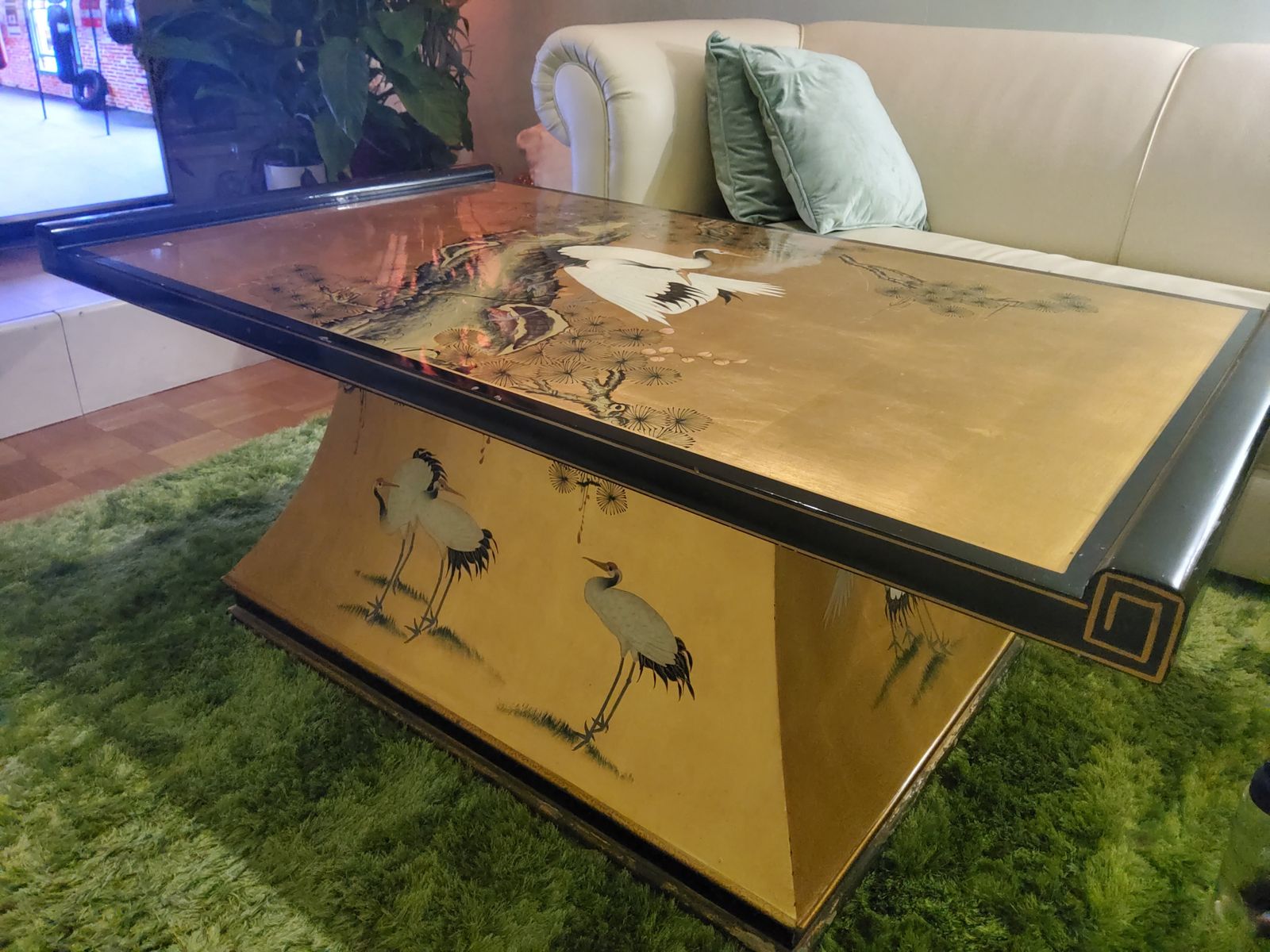photo for sale Chinoiserie Gold And Black Lacquered Table With Crane Motifs