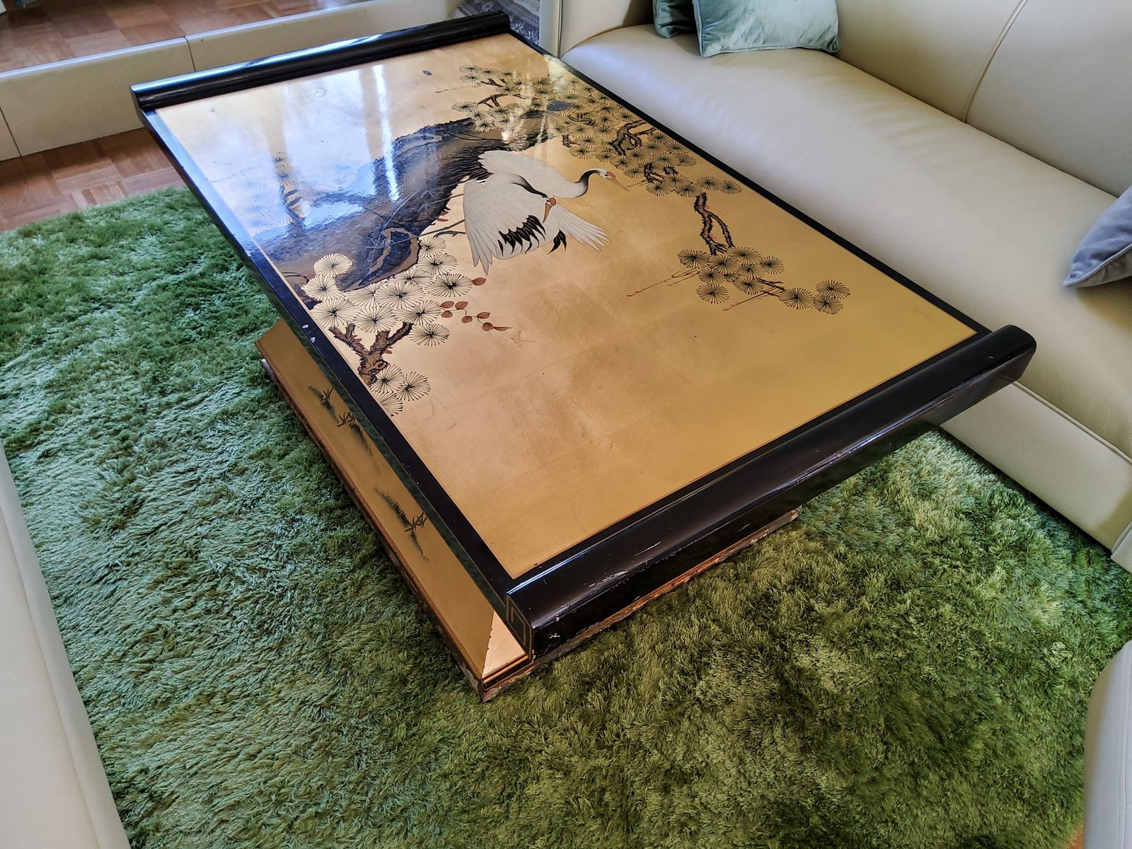 Furniture Chinoiserie Gold And Black Lacquered Table With Crane Motifs photo