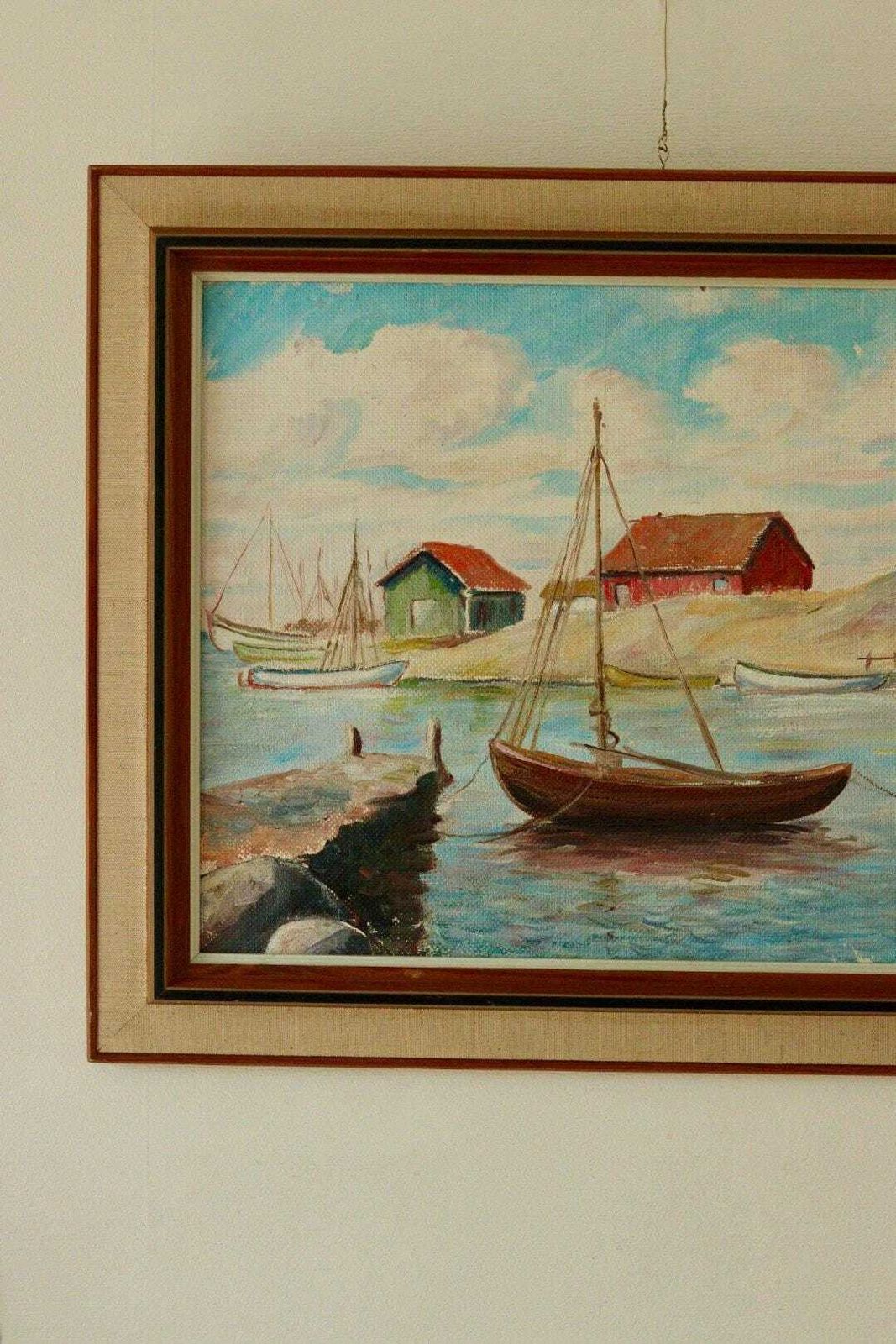 Vintage Panel Painting – “Boat And House Motif” – Signed  58 X 46 Cm (22.8" X 18.1") photo for sale